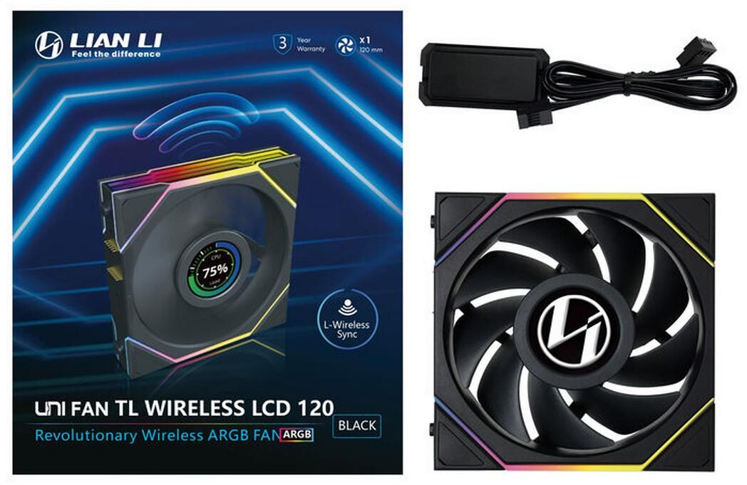 L'immagine mostra una ventola Lian Li nera con illuminazione RGB. Ha un display che mostra il 75%. Sono inclusi anche un controller e un'inquadratura dettagliata della ventola.