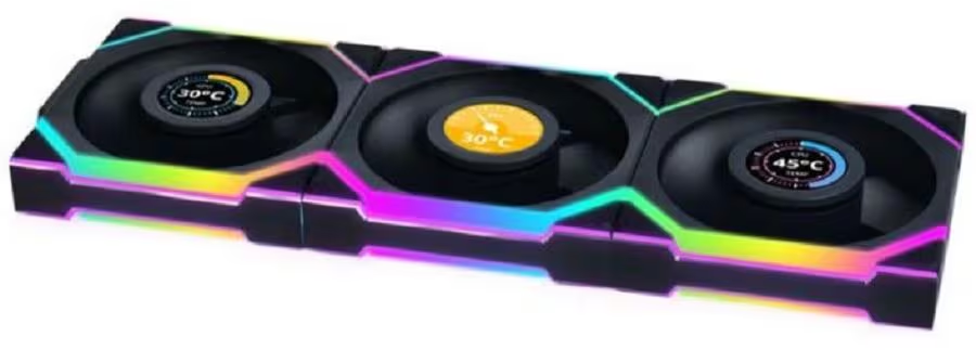 Un componente per computer con tre ventole. Ogni ventola ha un display della temperatura. Il componente ha illuminazione RGB.