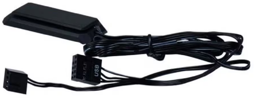 Componente per computer nero con cavi e connettori. Porte USB e altre visibili. Alcuni fili sono raggruppati.