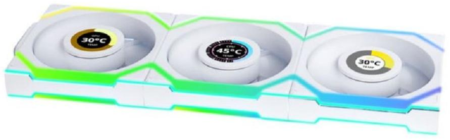Ventola per computer bianca con tre ventole circolari. Ognuna mostra la temperatura: 30°C, 45°C e 30°C. Ha l'illuminazione RGB.