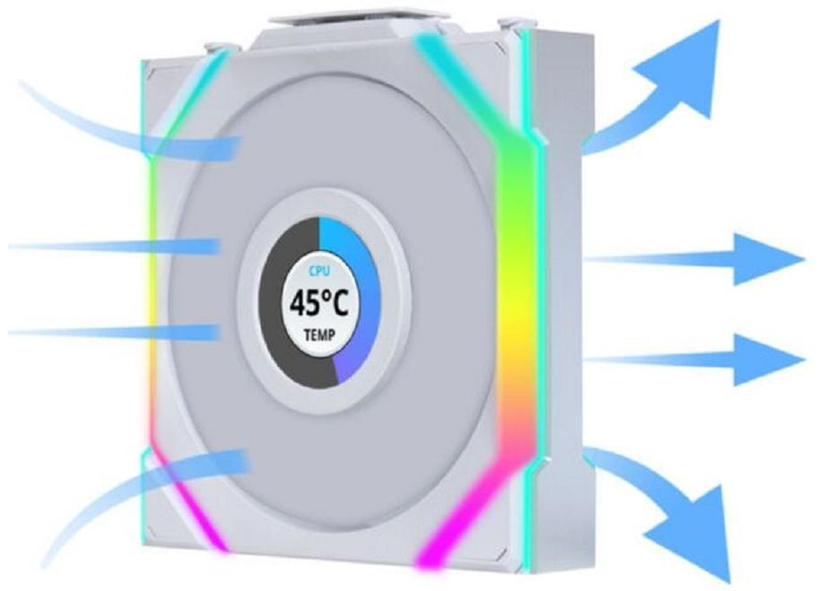 Un dissipatore CPU con ventola mostra 45°C. Frecce indicano il flusso d'aria. Luci colorate emanano.