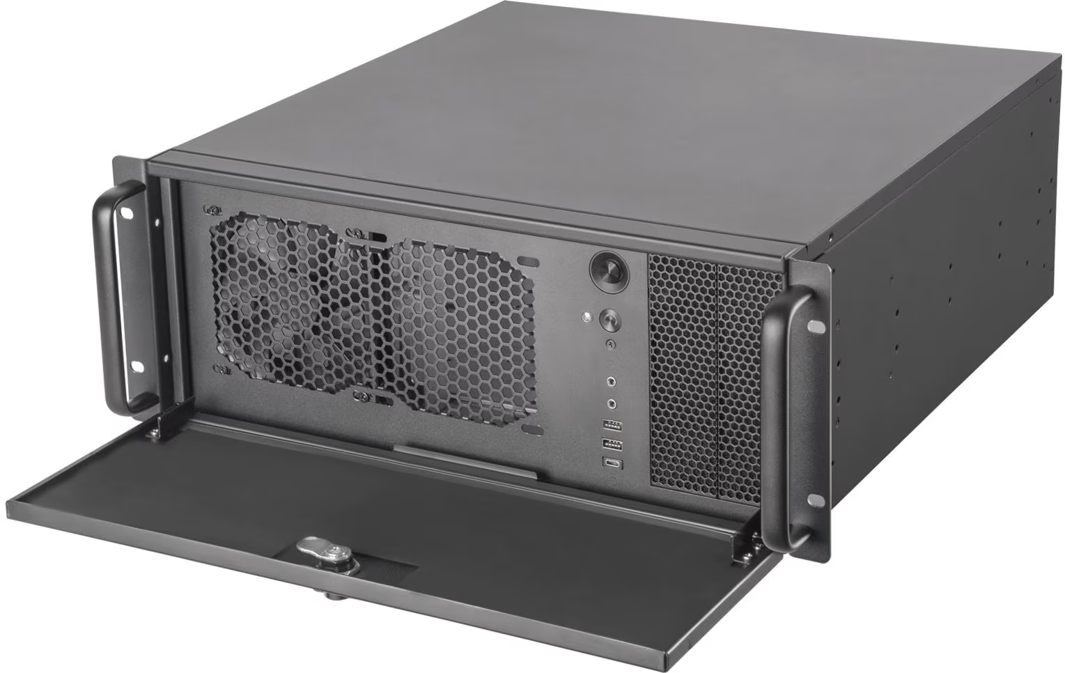 Un case per rack server grigio scuro con la porta anteriore aperta. Ha maniglie, ventole e varie porte. Il design è industriale.