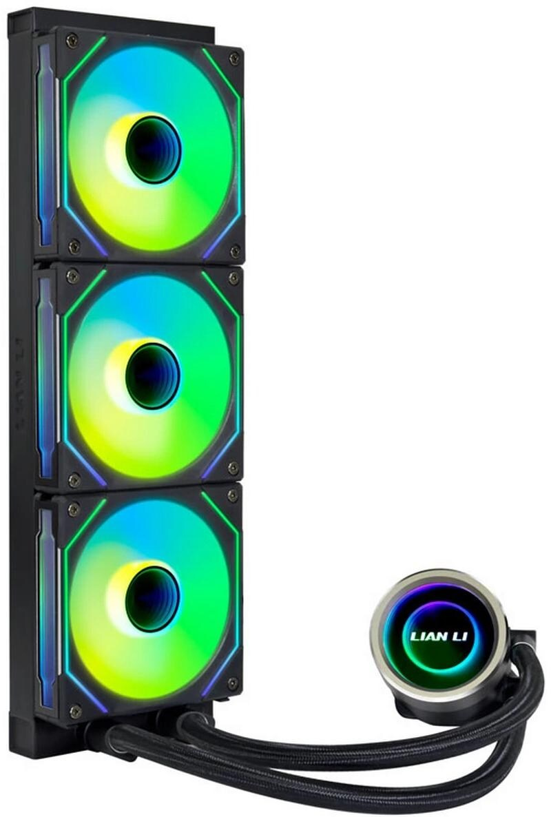 Dissipatore a liquido per PC con tre ventole e una pompa. Le ventole hanno luci colorate. La pompa è argentata con il logo Lian Li.