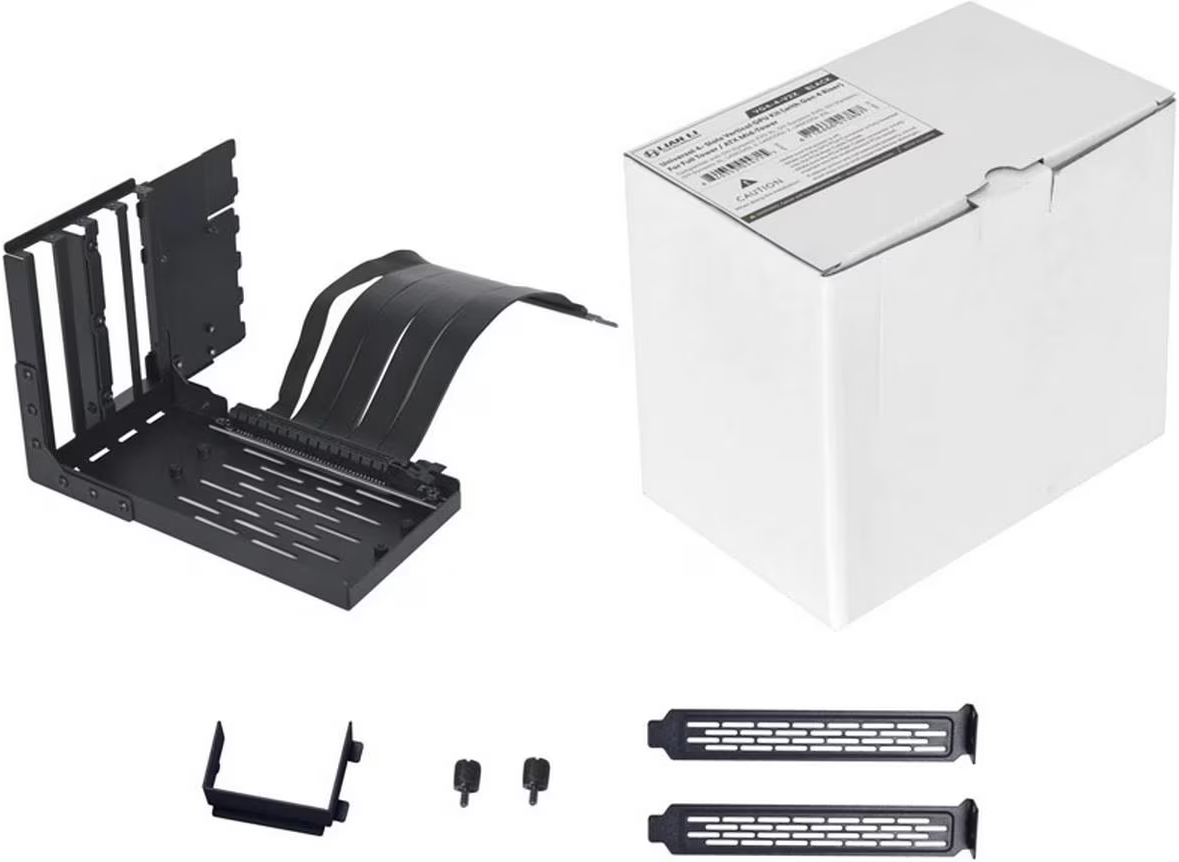 Composants d'ordinateur noirs et une boîte blanche sur une surface blanche. Les composants comprennent des supports, des vis et un câble souple.