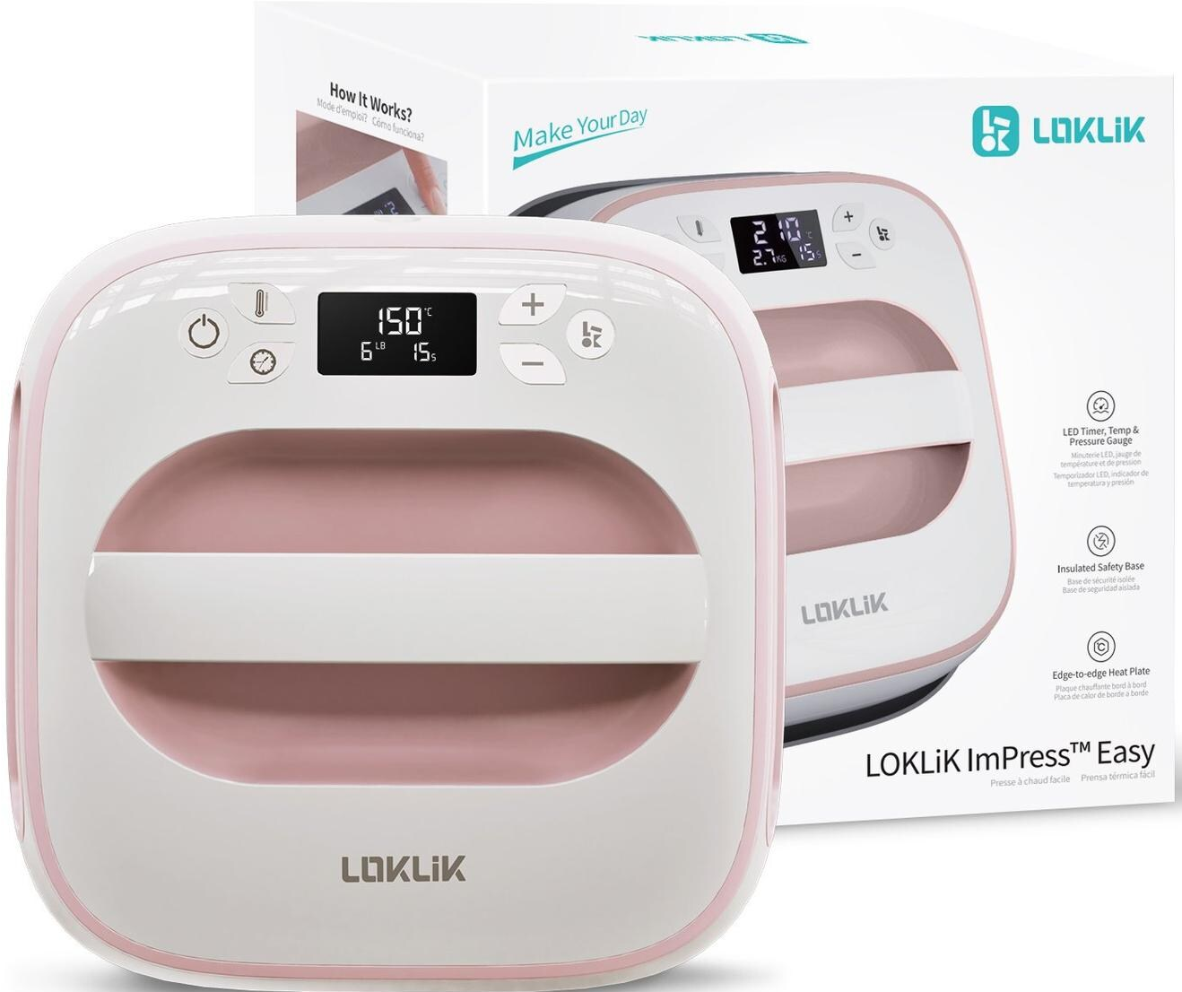 Eine weiß-rosa Loklik ImPress Easy Heizpressmaschine mit Digitalanzeige und einer Box dahinter.