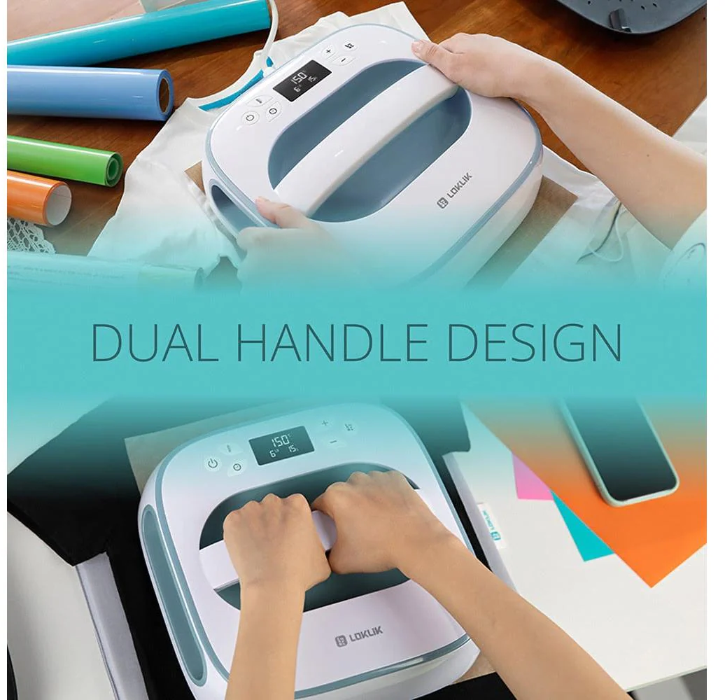 Hände halten eine weiße Heißpressmaschine. Im Hintergrund befinden sich Vinylrollen und der Text 'DUAL HANDLE DESIGN'.