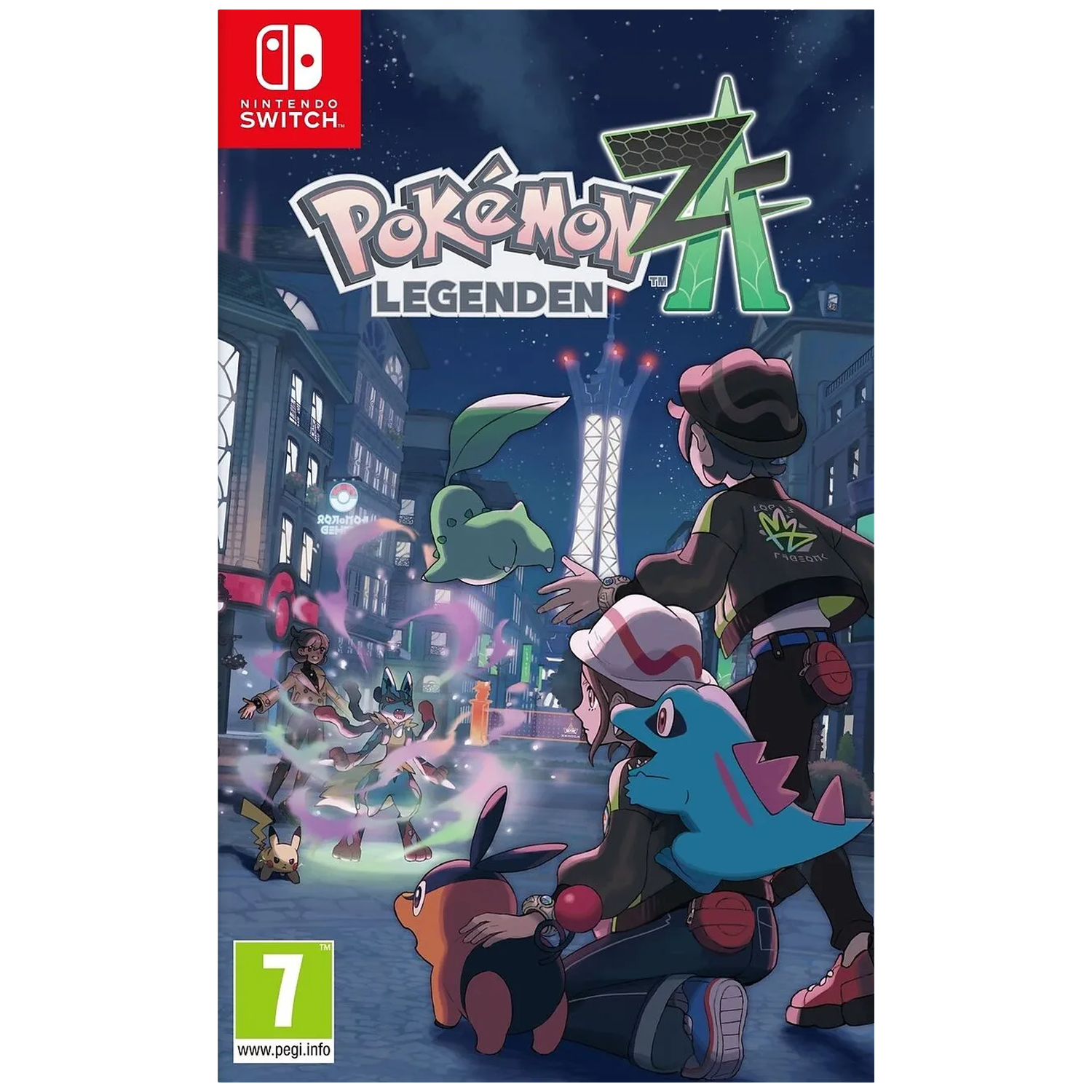 Pokémon Legends-cover. Personages en Pokémon in een stadsbeeld. Een blauwe en groene Pokémon zweeft. Nintendo Switch-logo.