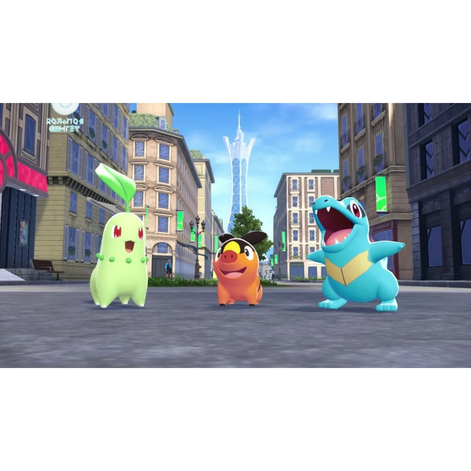Drie Pokemon op straat. Een groene met een blad, een oranje varkenachtig wezen en een blauwe krokodil met open mond.