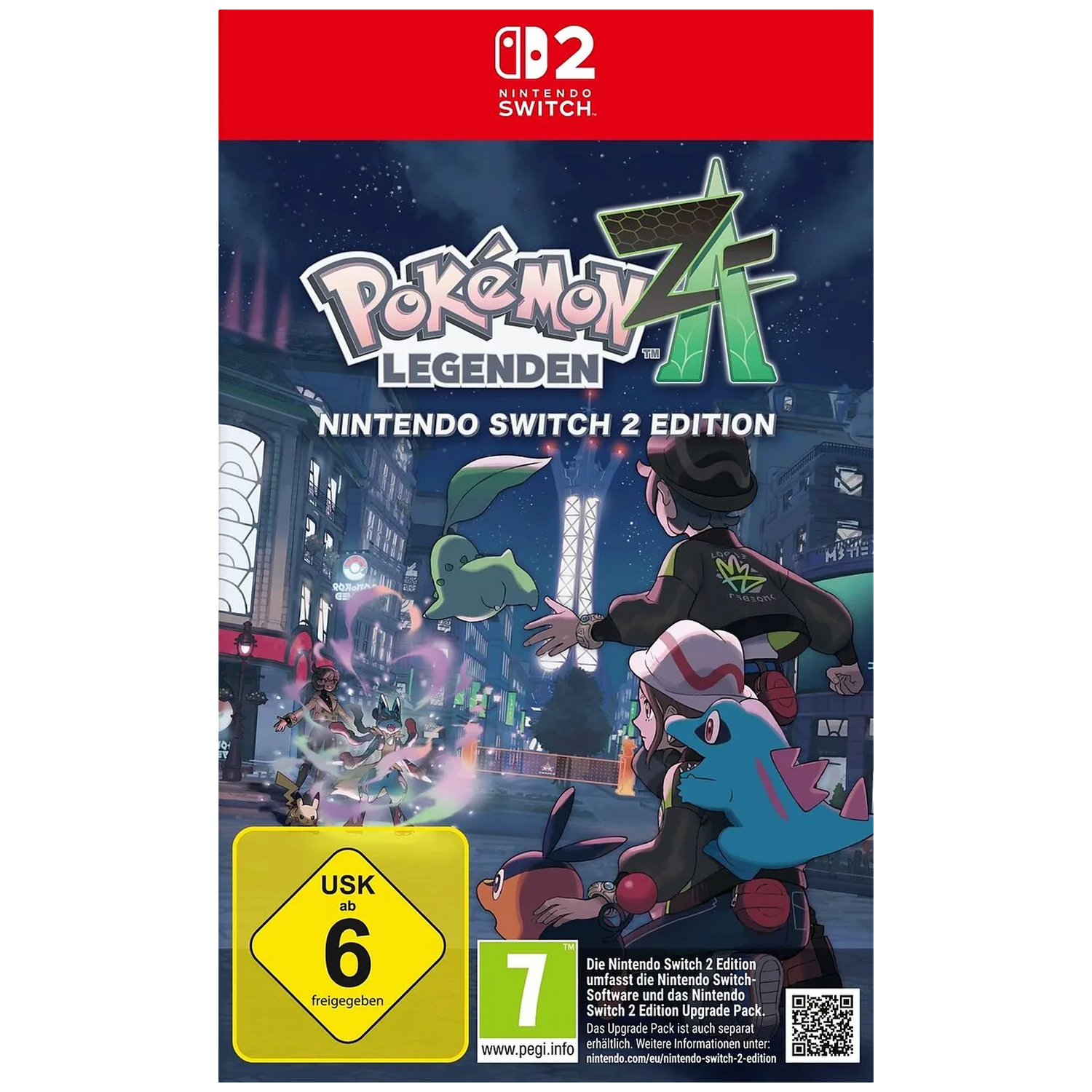 Gamecover voor Pokemon Legends Z-A. Personages en Pokemon staan voor een stad 's nachts, met het Nintendo Switch-logo bovenaan.