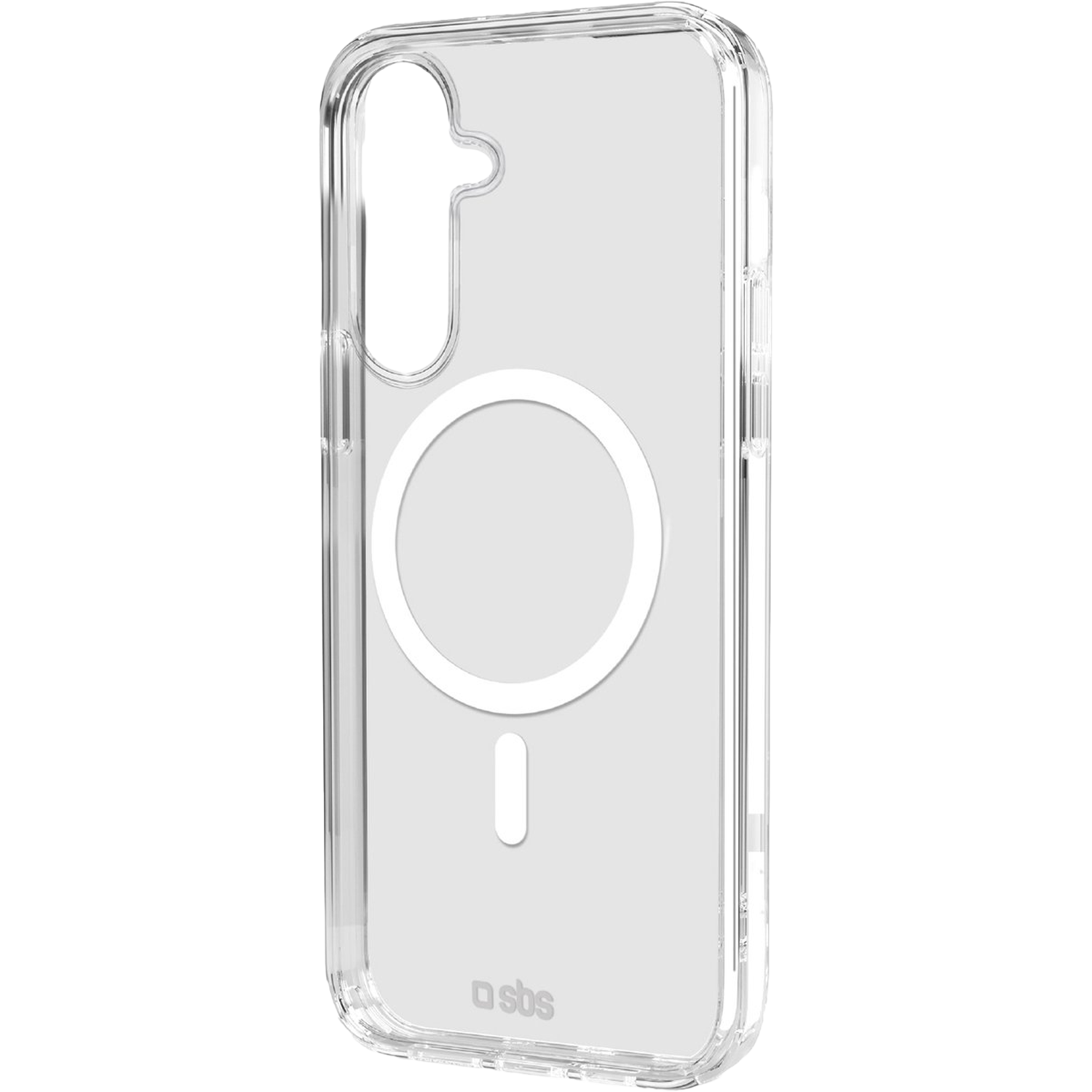 Een doorzichtige telefoonhoes met een witte magnetische ring en een kleine witte balk onderaan. De hoes heeft openingen voor de camera en knoppen.
