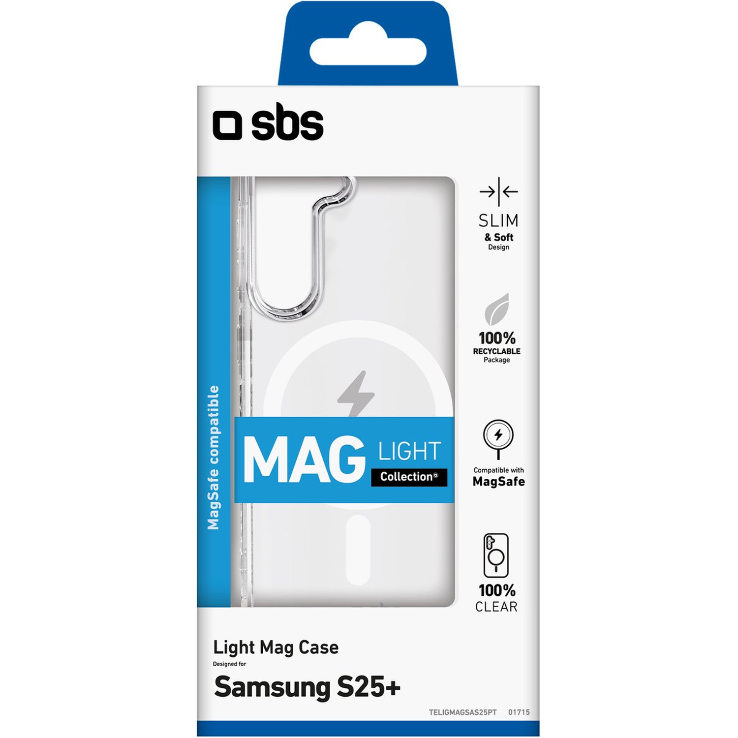 Een doorzichtige telefoonhoesdoos met het label 'Light Mag Case' voor Samsung S25+, met 'MagSafe compatible' en '100% heldere' functies.