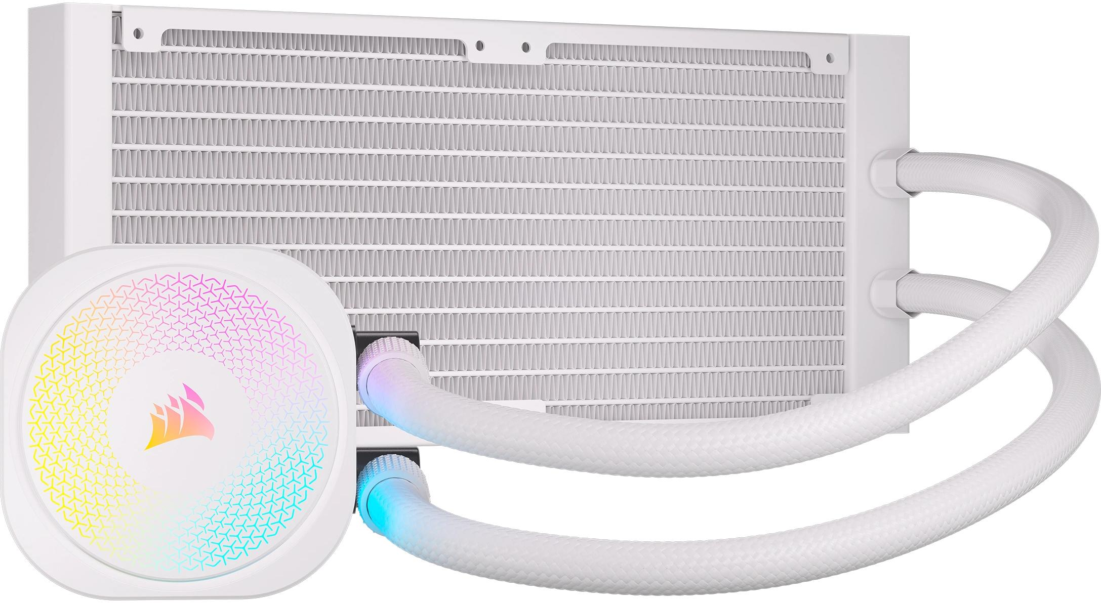 Dissipatore a liquido per computer bianco con radiatore e ventola. Illuminazione RGB sulla ventola e sui tubi.