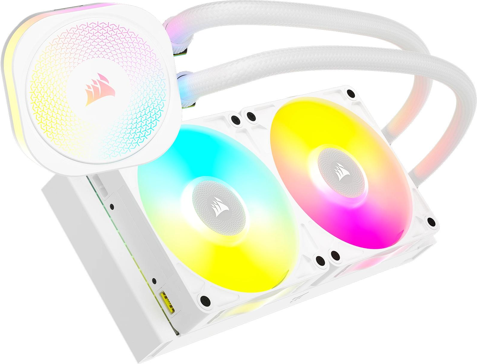 Dissipatore a liquido bianco con ventole RGB. Le ventole mostrano sfumature blu, gialle e rosa.