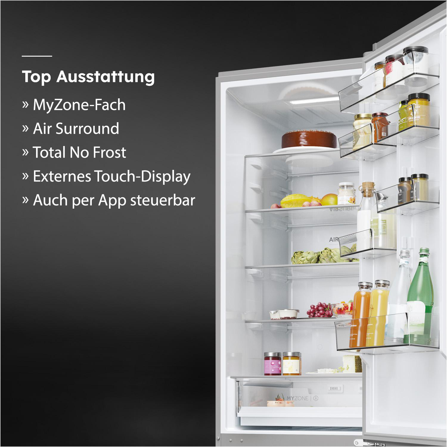 Offener Kühlschrank mit Lebensmitteln wie Obst, Gläsern und Flaschen. Text auf der linken Seite listet Funktionen auf.