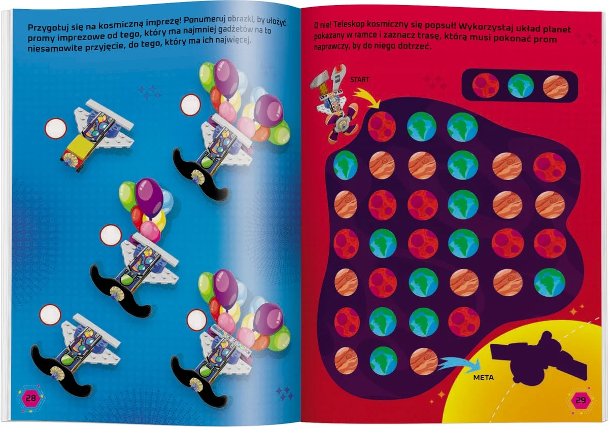 Strona z książki dla dzieci z statkami kosmicznymi, balonami, planetami i tekstem po polsku.
