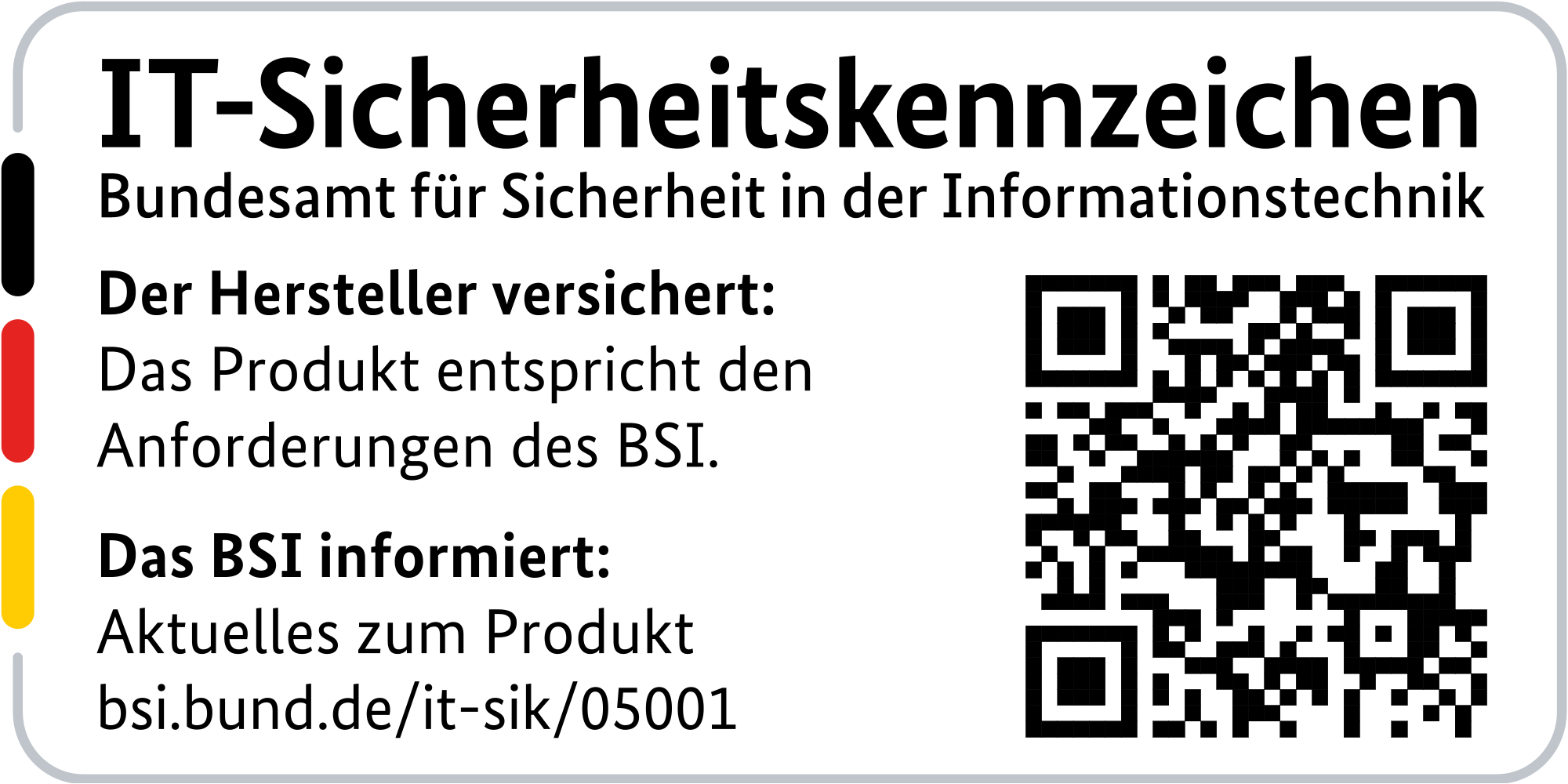 Ein weißes Rechteck mit Text auf Deutsch. Enthält einen schwarzen, roten und gelben vertikalen Streifen und einen QR-Code.