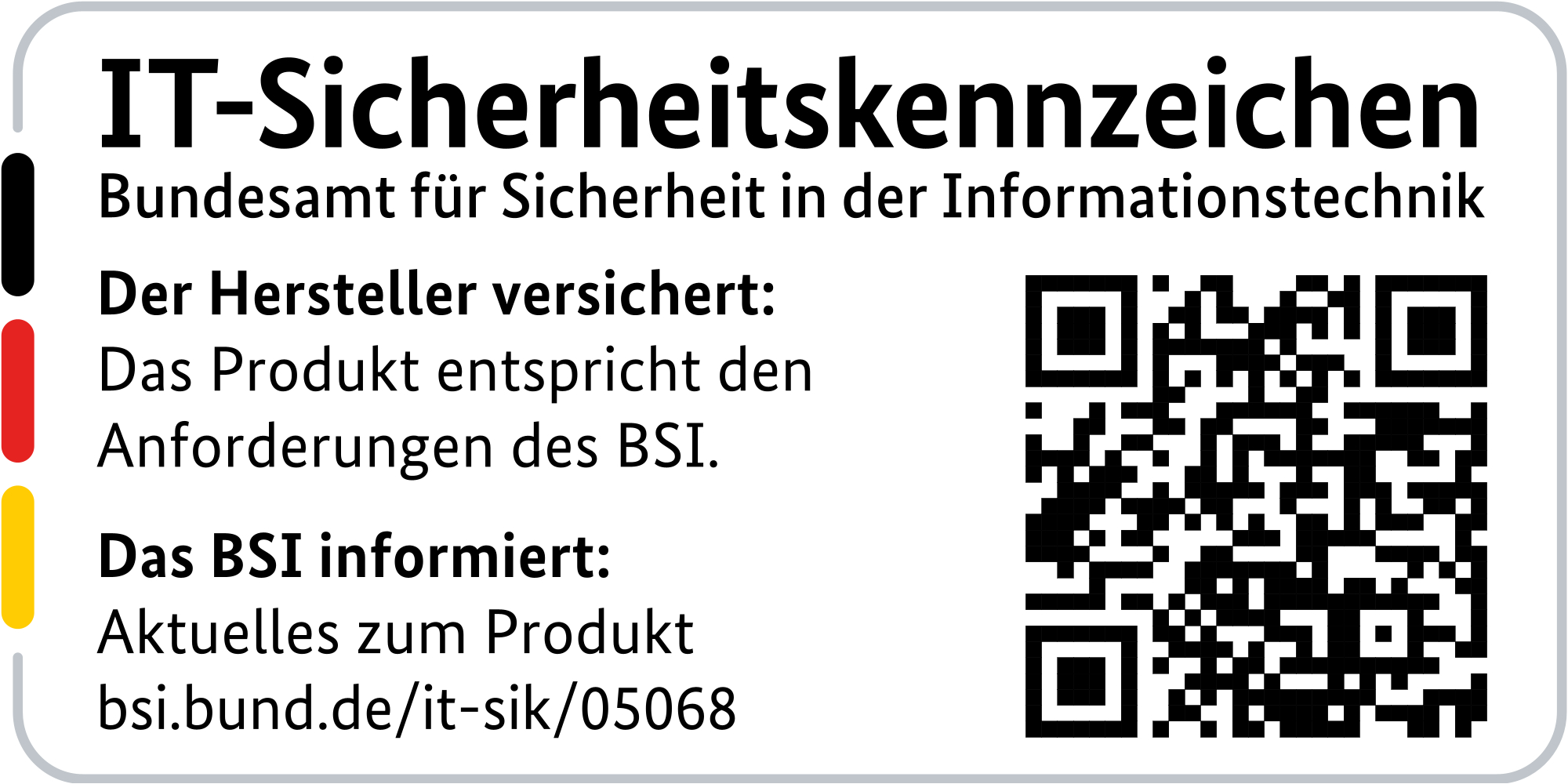 Ein weißes Schild mit deutschem Text. Es hat einen QR-Code und die Farben der deutschen Flagge. Es ist ein Sicherheitszeichen.