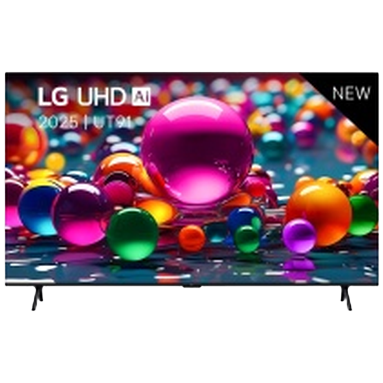 TV LG UHD AI avec des orbes colorés, étiquette 'NOUVEAU'. Orbes de différentes couleurs au premier plan, TV avec cadre noir et pieds noirs.