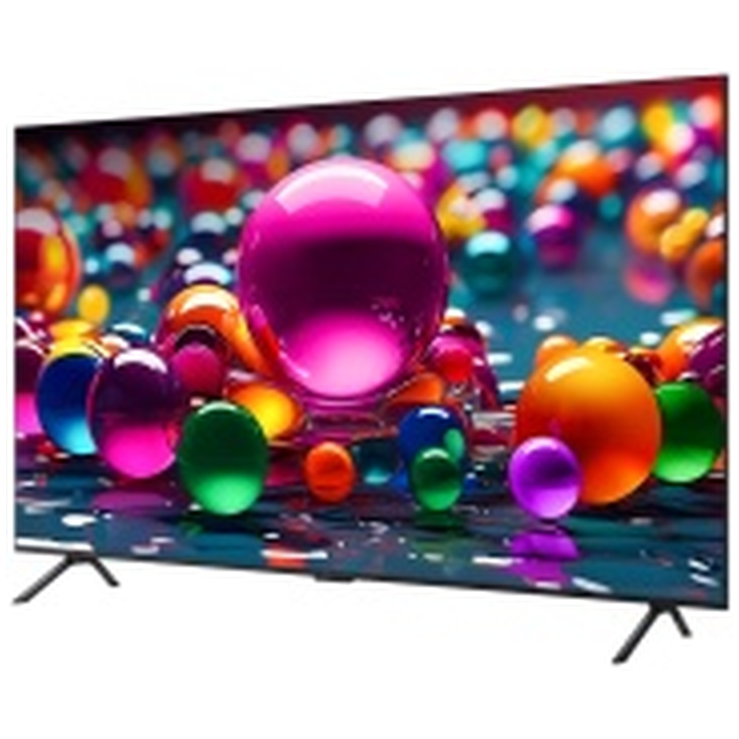 Écran de télévision affichant des sphères colorées. Des sphères roses, oranges, vertes et bleues reflètent la lumière. La télé a des pieds noirs.