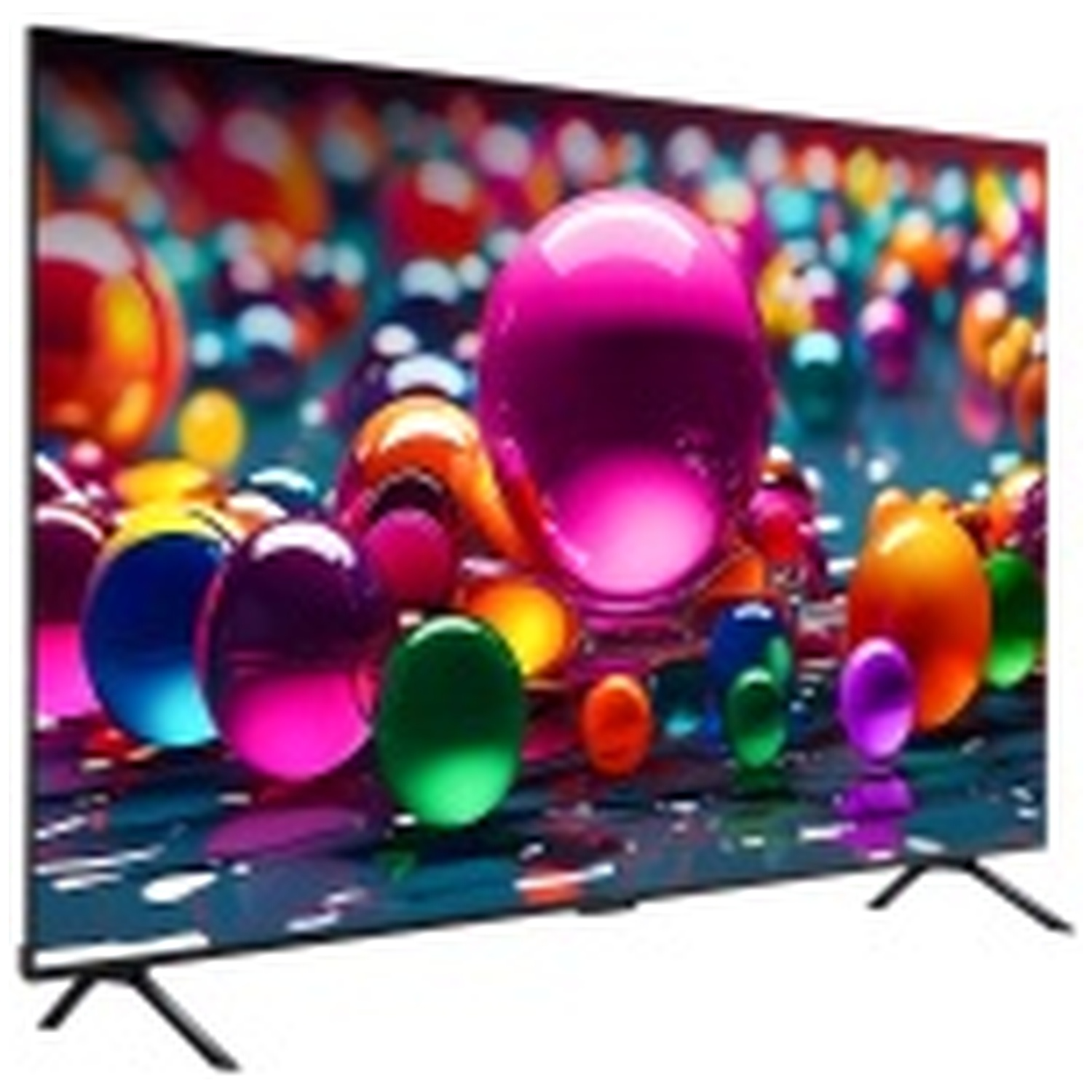 Écran de télévision avec des sphères colorées. Des sphères roses, oranges, vertes et bleues créent un affichage vibrant, sur cadre et support noirs.