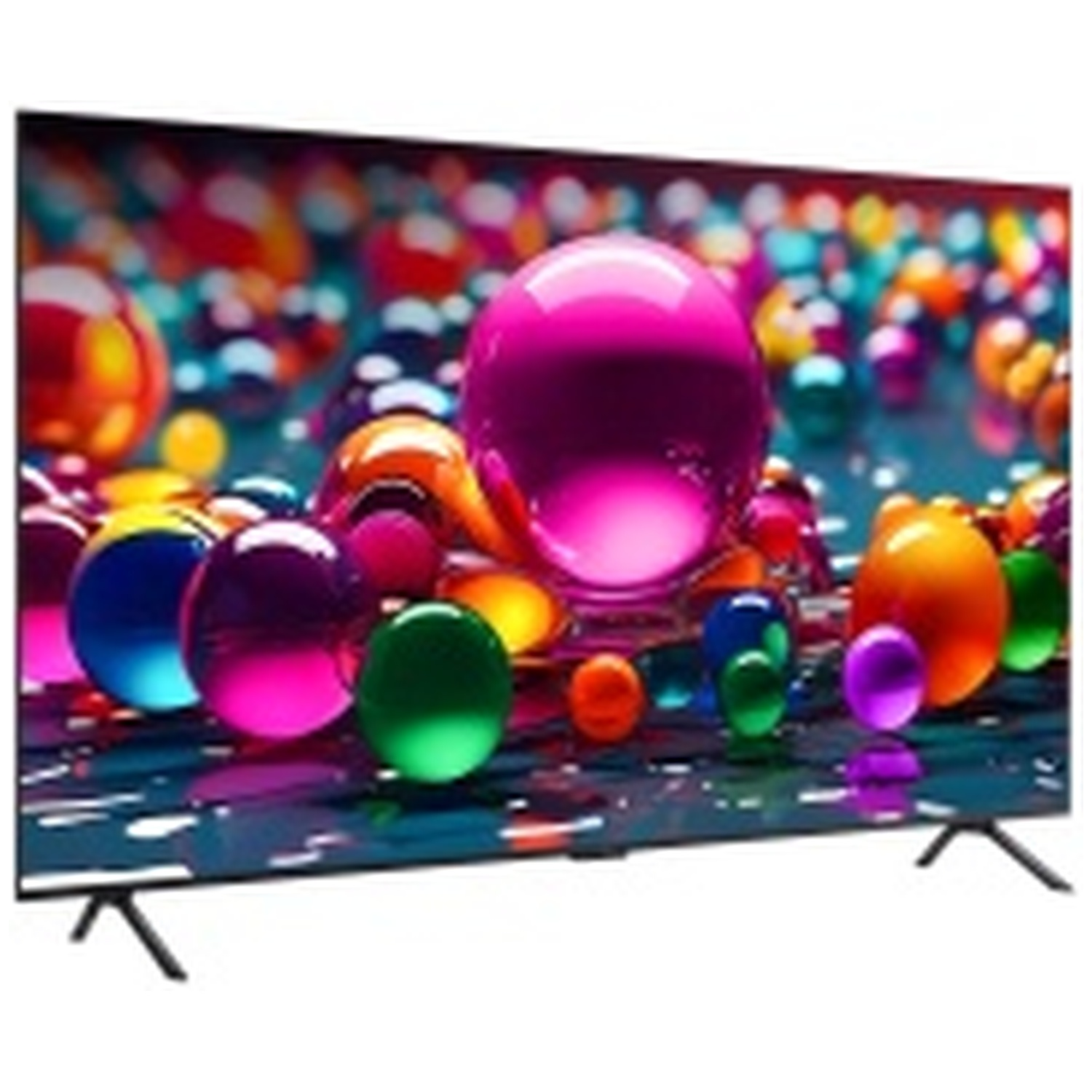 Écran de télévision affichant des sphères colorées. Sphères roses, oranges, bleues, vertes sur une surface réfléchissante. Le téléviseur a des pieds noirs.