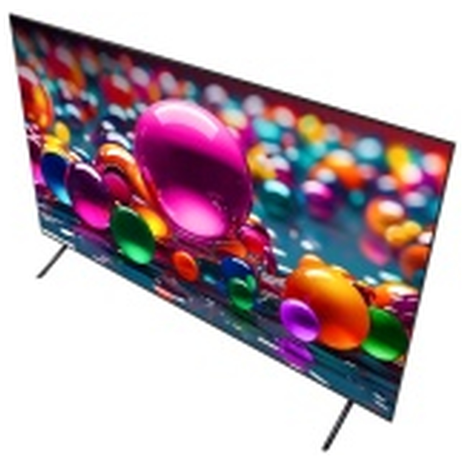 Une télévision affiche des formes abstraites colorées. Des sphères roses, oranges, vertes et bleues sont visibles. La télé repose sur des pieds noirs, vue en angle.