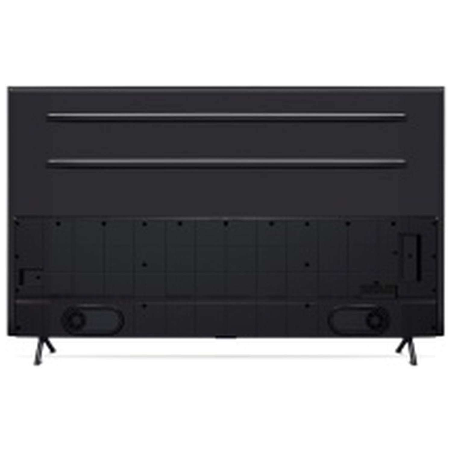L'arrière d'un téléviseur noir. Il comporte deux lignes horizontales en haut, une section inférieure en forme de grille et deux pieds.