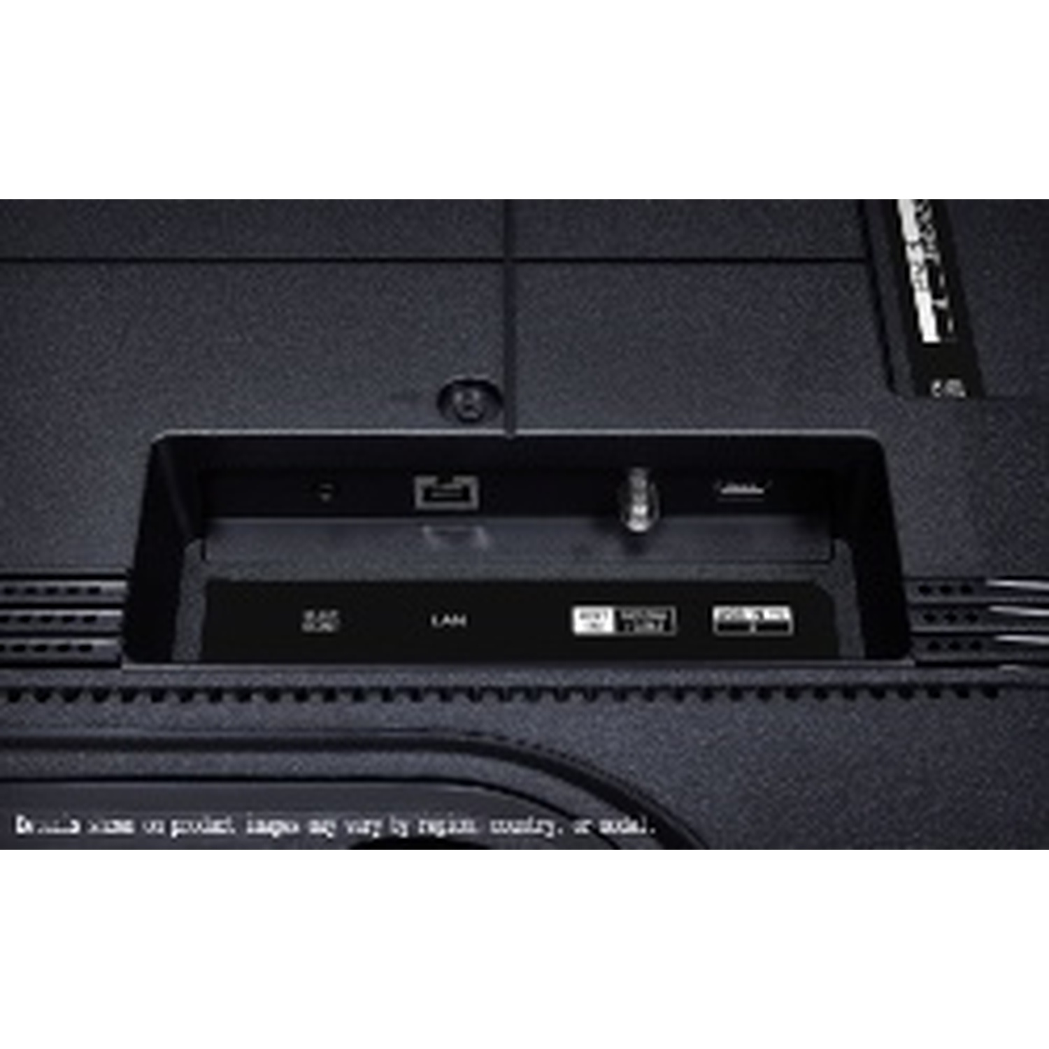 Gros plan sur le panneau arrière noir d'un téléviseur. Ports visibles: LAN, HDMI et USB. Petit texte en bas.