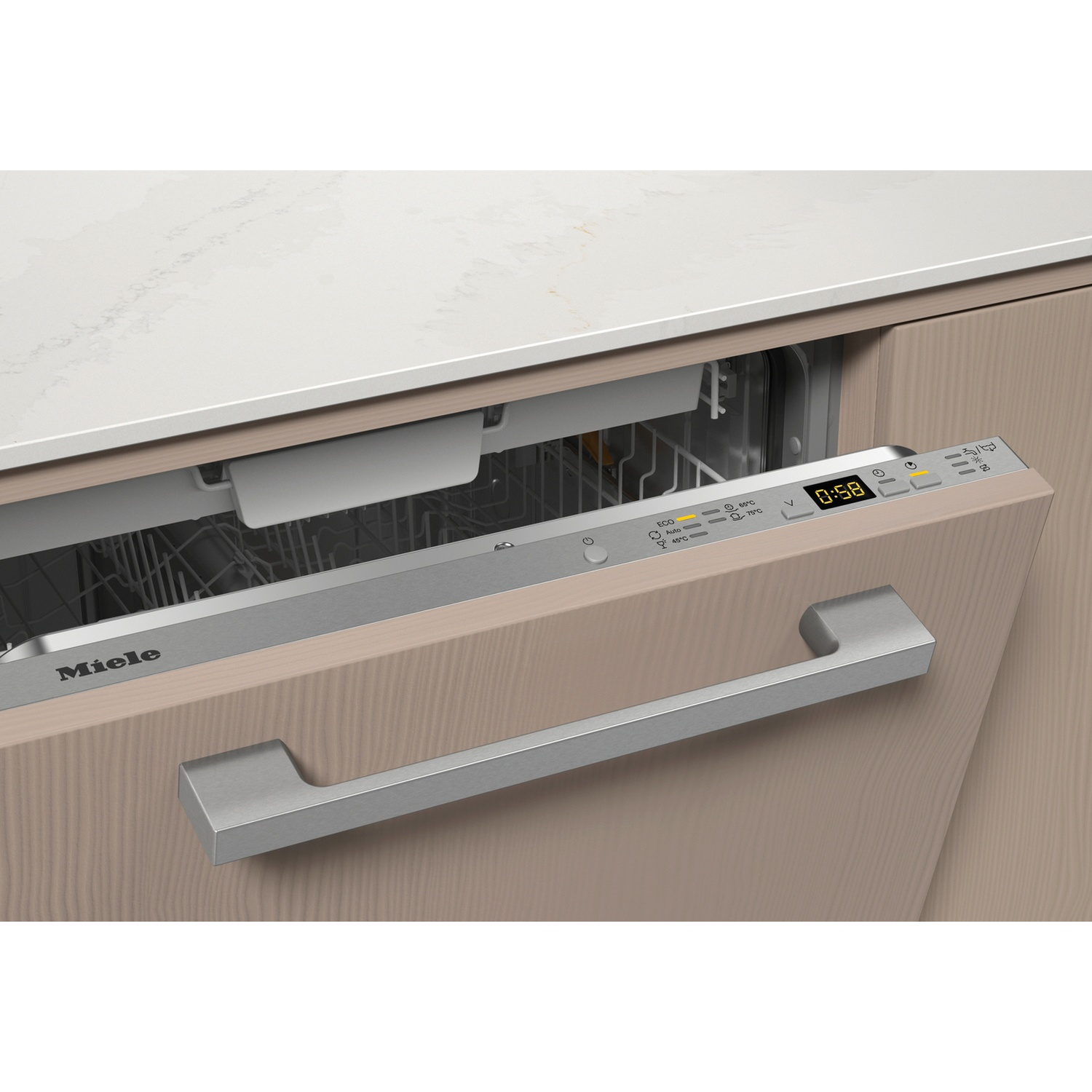 A dishwasher with an open door. It has a digital display showing time. The handle is metallic. The cabinet is light brown.