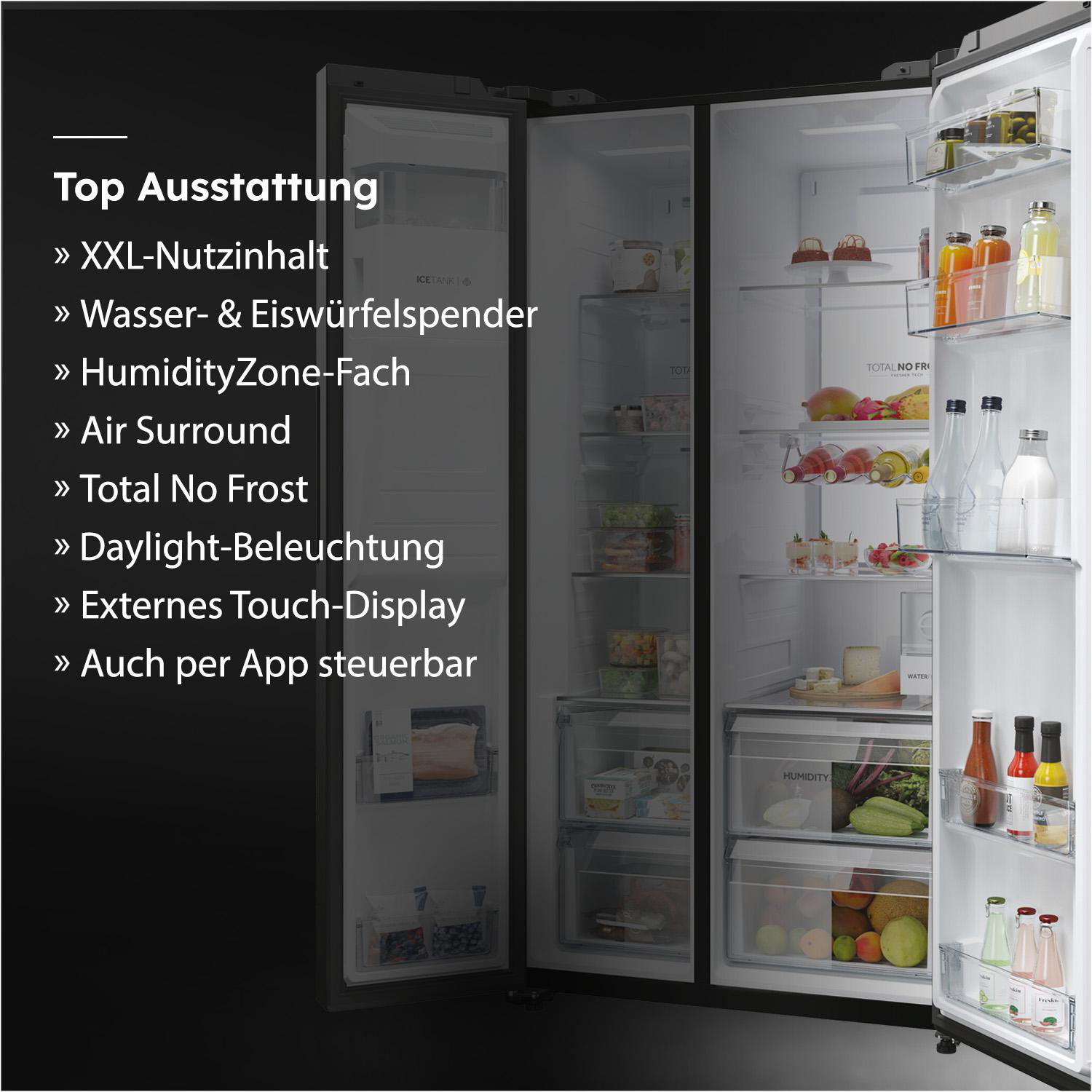 Offener Kühlschrank mit Inhalt. Enthält Regale mit Lebensmitteln, Getränken und Text über Funktionen wie 'Total No Frost'.