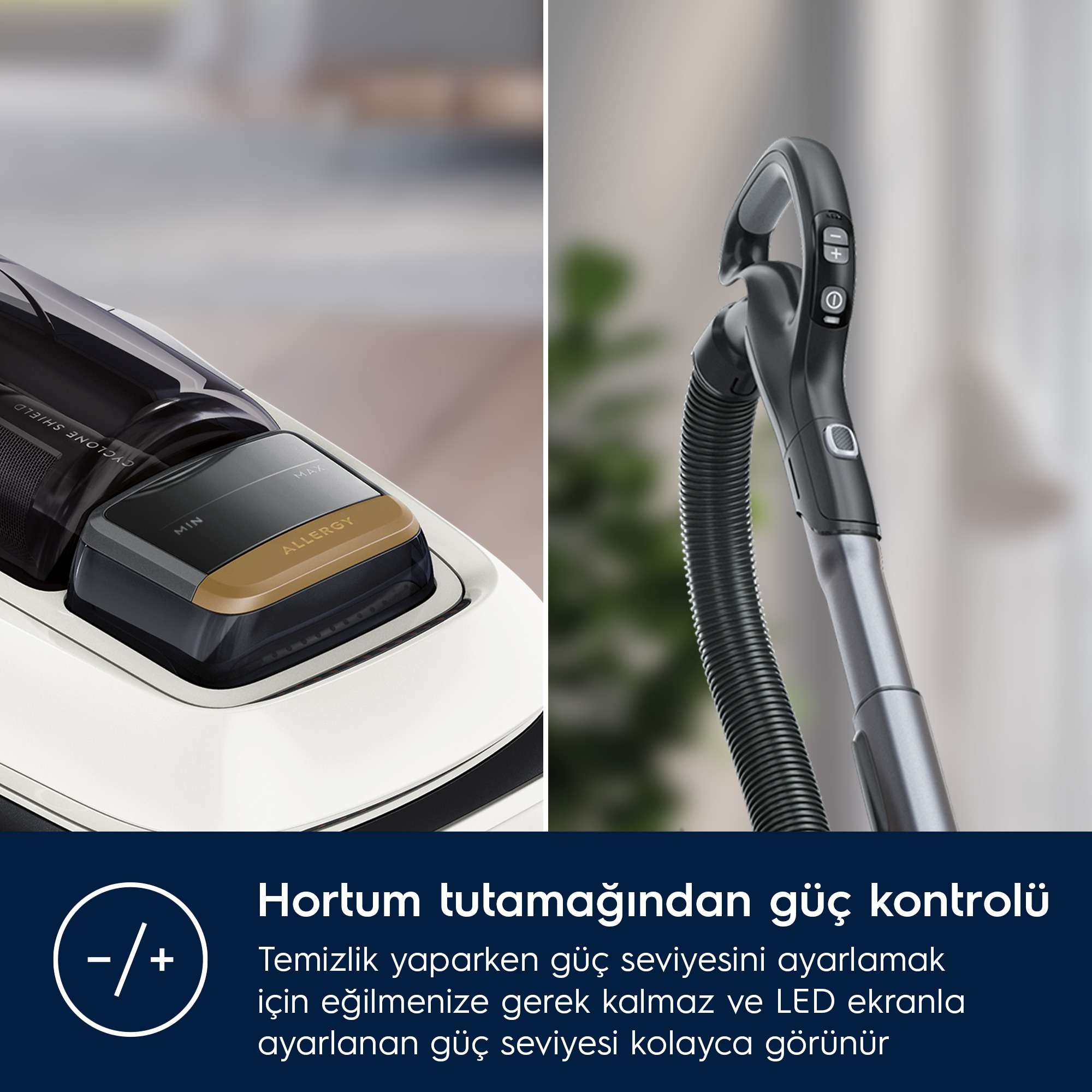 Elektrikli süpürge bileşenleri: sap, hortum, ayarları ve etiketleri olan toz kabı.