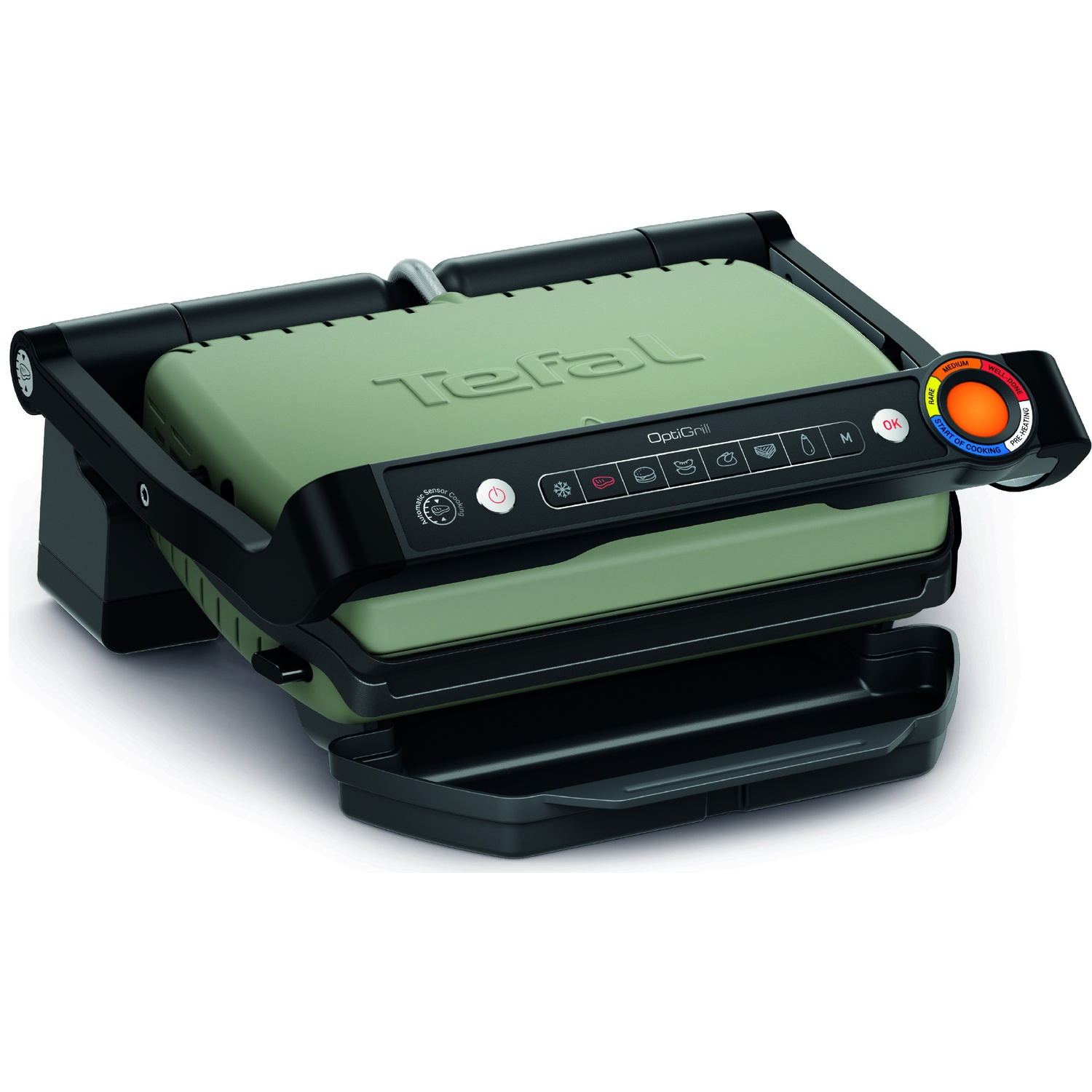 Un OptiGrill Tefal vert et noir. Il possède un panneau de commande avec divers réglages et un indicateur de température. Il y a un bac de récupération.