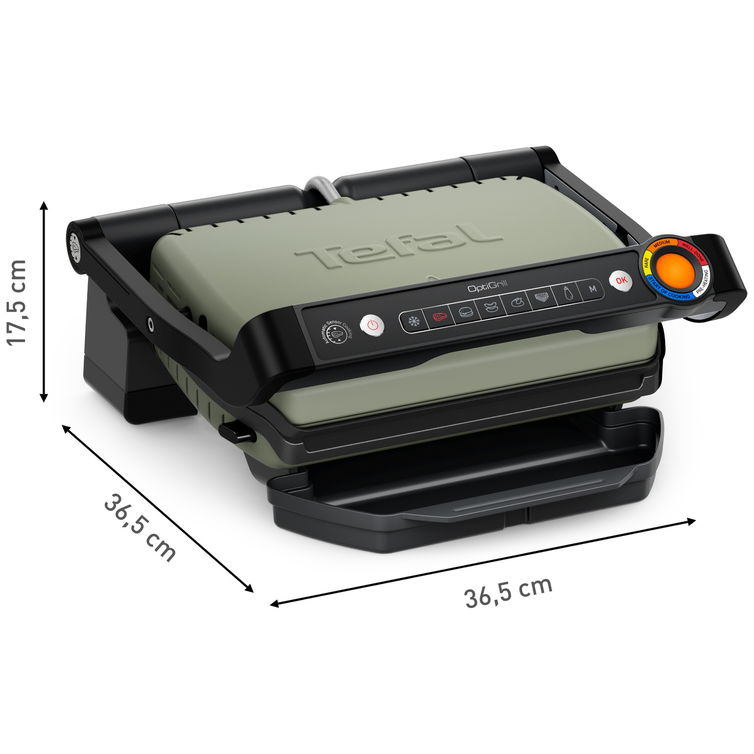 Un OptiGrill Tefal vert olive avec dimensions indiquées. Il a une poignée noire et un panneau de contrôle avec réglages de cuisson et un bouton OK.