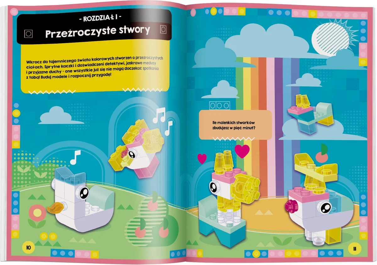 Kolorowa strona książki z stworzeniami Lego. Tekst po polsku. Tęczowe tło. Wyświetlane są różne figurki zwierząt Lego.