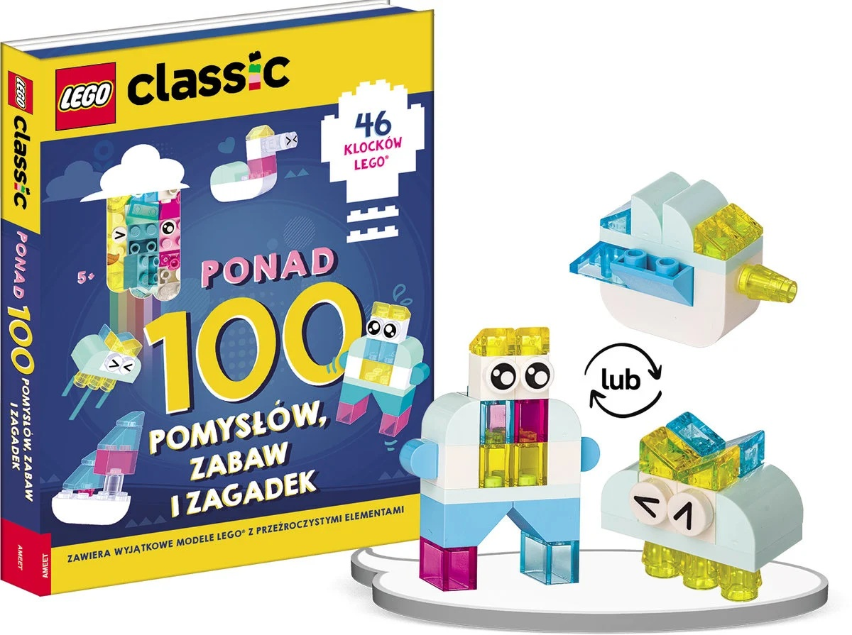 Książka Lego Classic z kreacjami Lego. Książka nosi tytuł 'Ponad 100 Pomysłów, Zabaw i Zagadek'. Wyświetlane są trzy modele Lego.
