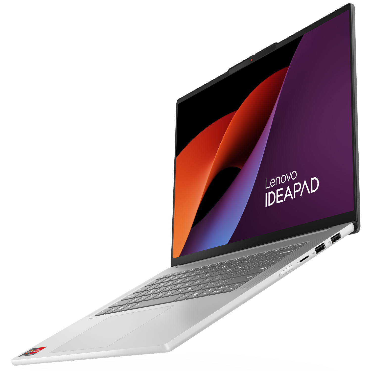 Zilveren Lenovo IdeaPad laptop, scherm met oranje en paarse abstracte kunst. Toetsenbord en poorten zichtbaar.