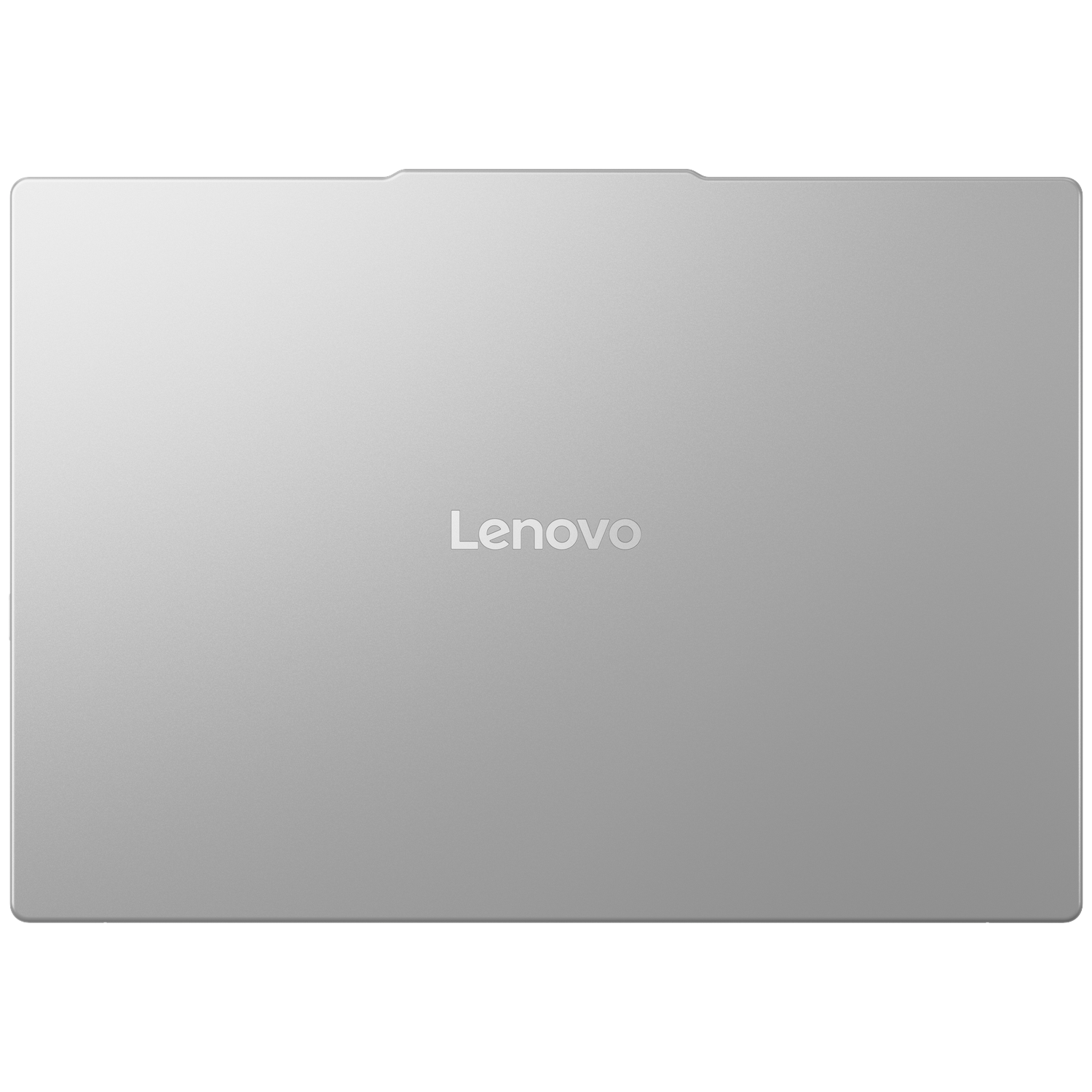 Een gesloten zilveren Lenovo laptop. Het Lenovo logo staat gecentreerd op de deksel. De achtergrond is wit.