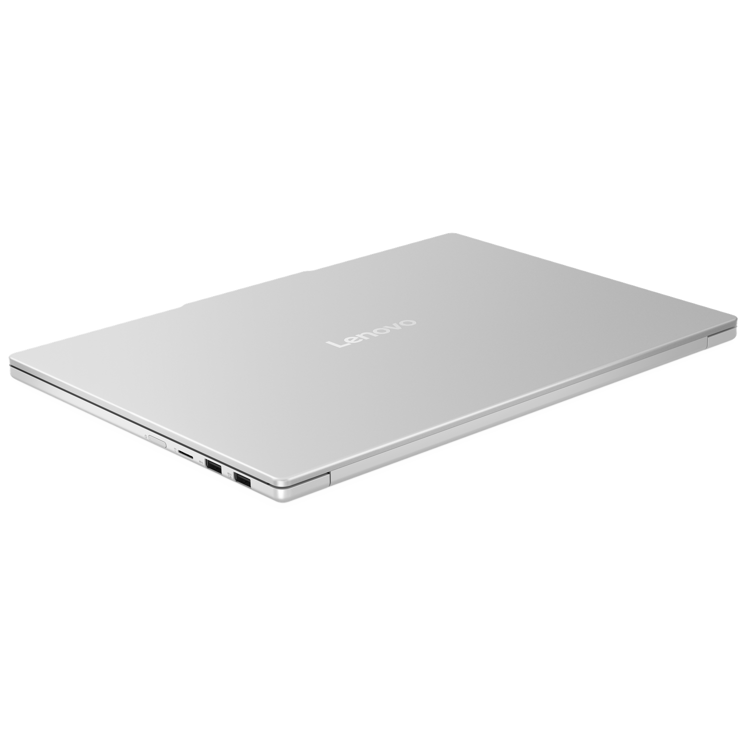 Zilveren Lenovo laptop gesloten op een witte ondergrond. Het Lenovo logo is zichtbaar. De laptop staat schuin om het zijprofiel te laten zien.