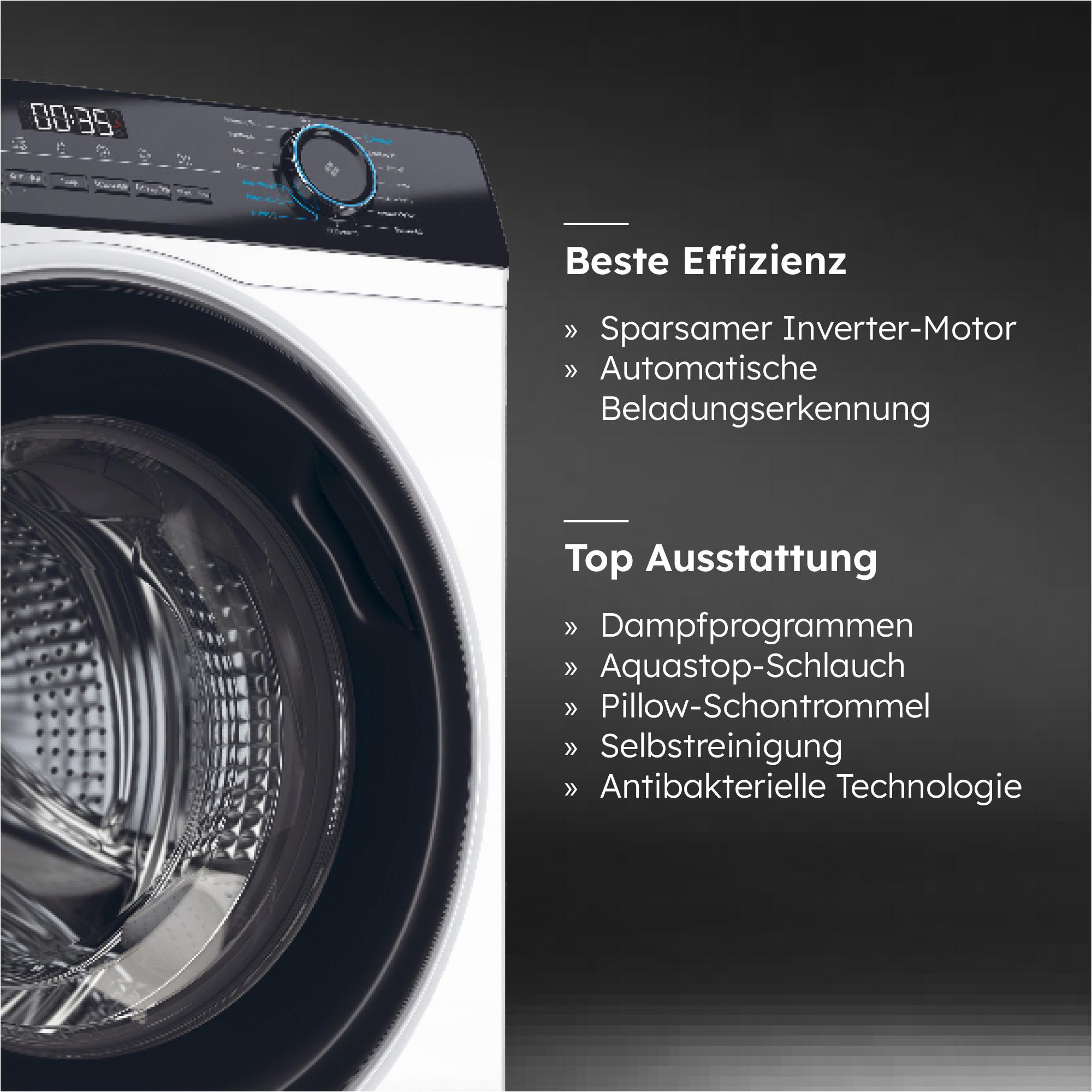 Detail der Waschmaschine: Frontplatte, Trommel, Bedienfeld mit Display und Text über Effizienz und Funktionen.