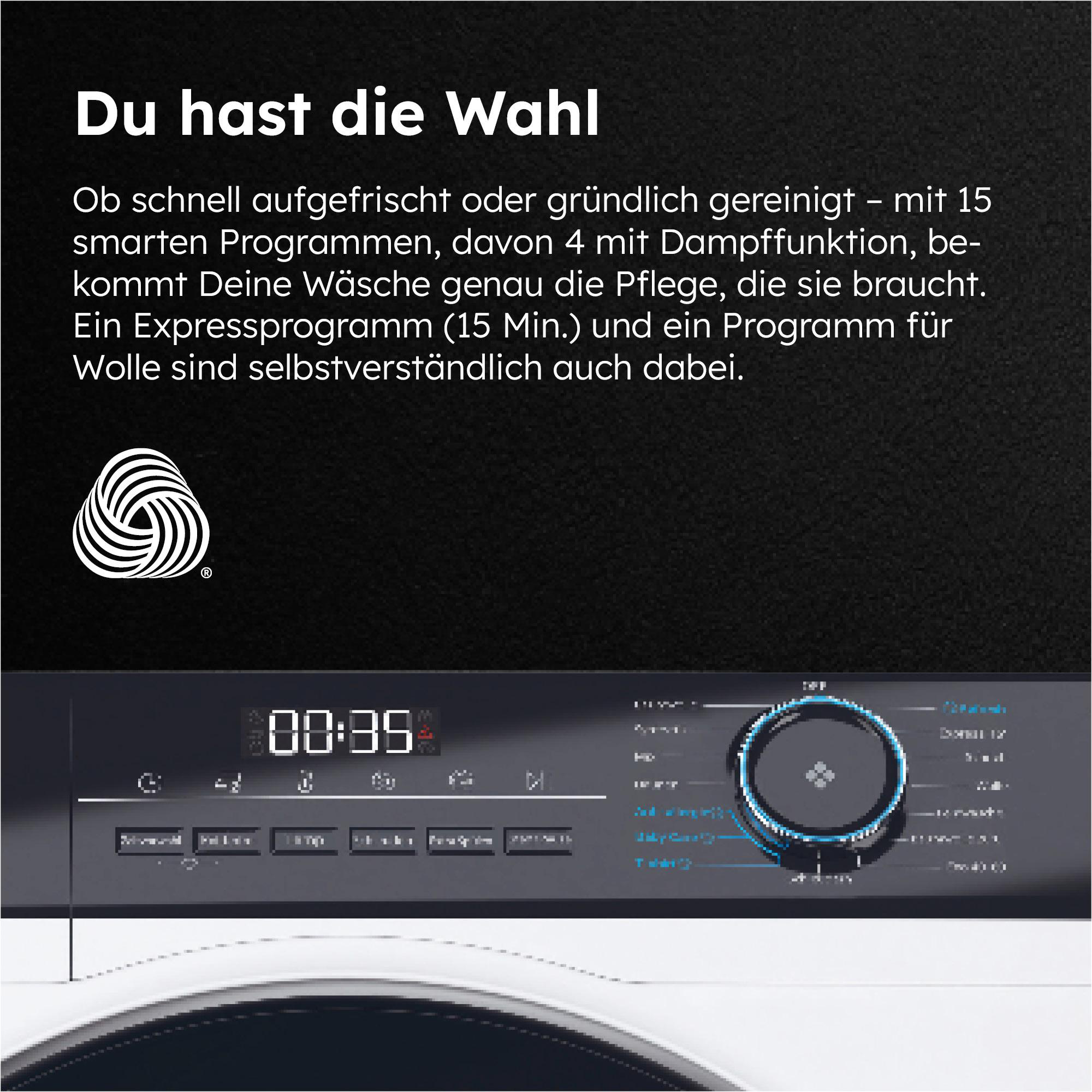 Waschmaschinen-Bedienfeld mit Digitalanzeige 00:35 und Drehregler. Text auf Deutsch.