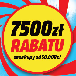 Żółte koło z tekstem: 7500 zł RABATU, za zakupy od 50.000 zł, na czerwonym i niebieskim tle.