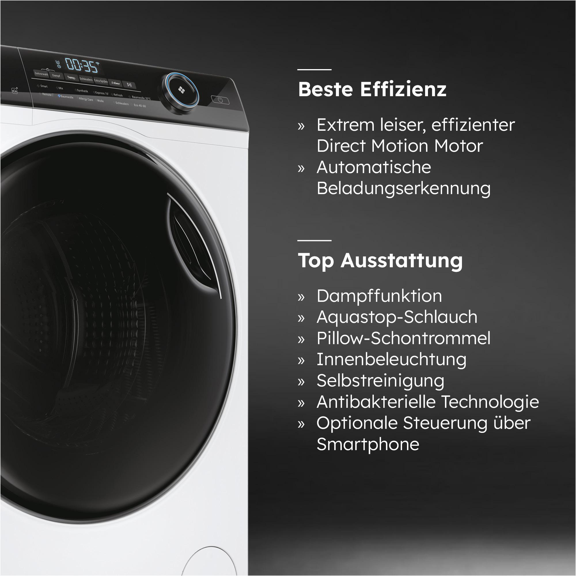 Eine weiße Waschmaschine mit schwarzer Tür und Bedienfeld, das Einstellungen und einen Timer mit der Anzeige 00:35 zeigt.