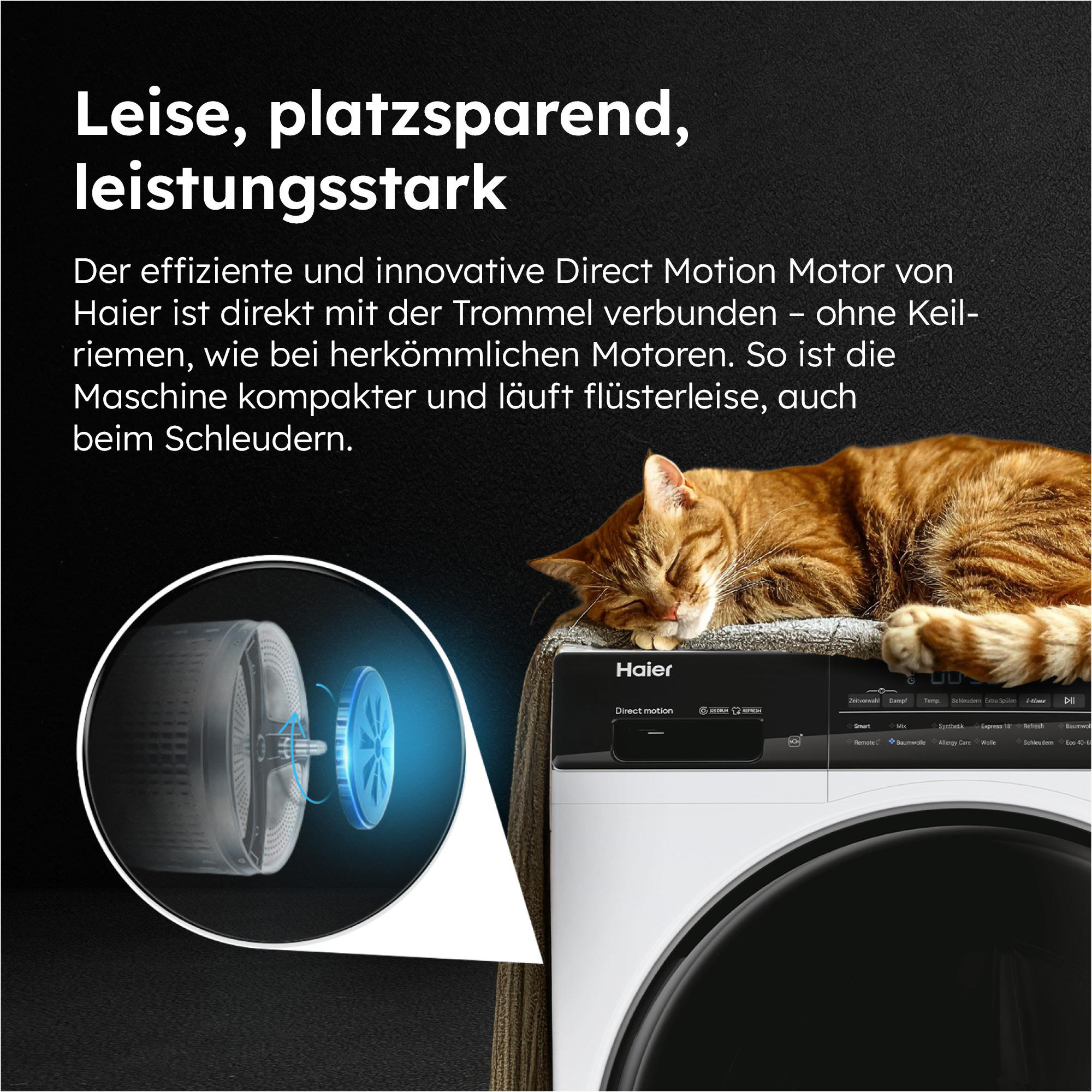 Eine Waschmaschine mit einer Katze darauf. Der Text enthält 'Leise, platzsparend, leistungsstark' und 'Haier'.