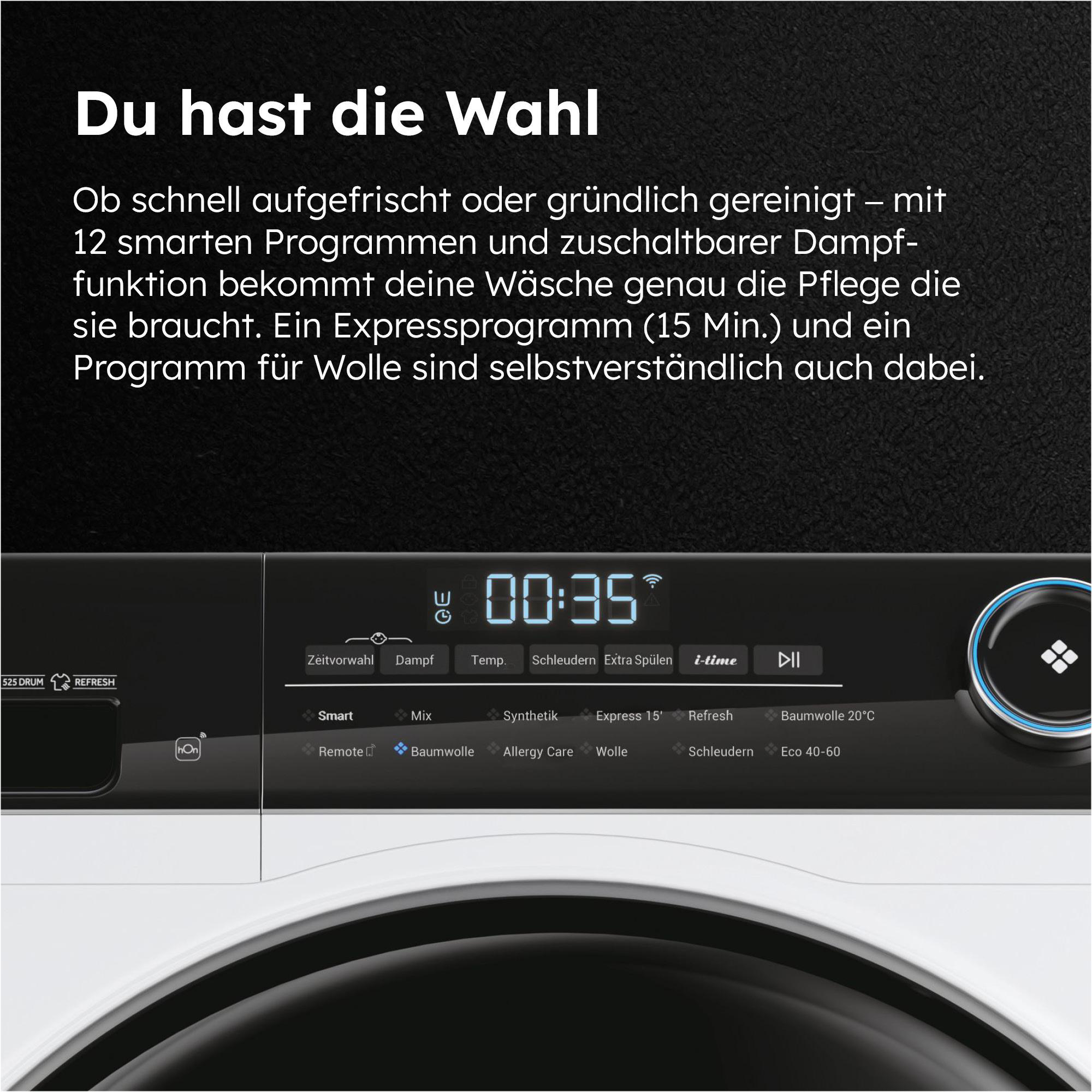 Waschmaschinen-Bedienfeld mit Optionen wie Smart, Zeit- und Temperatureinstellungen. Digitalanzeige zeigt die Zeit.