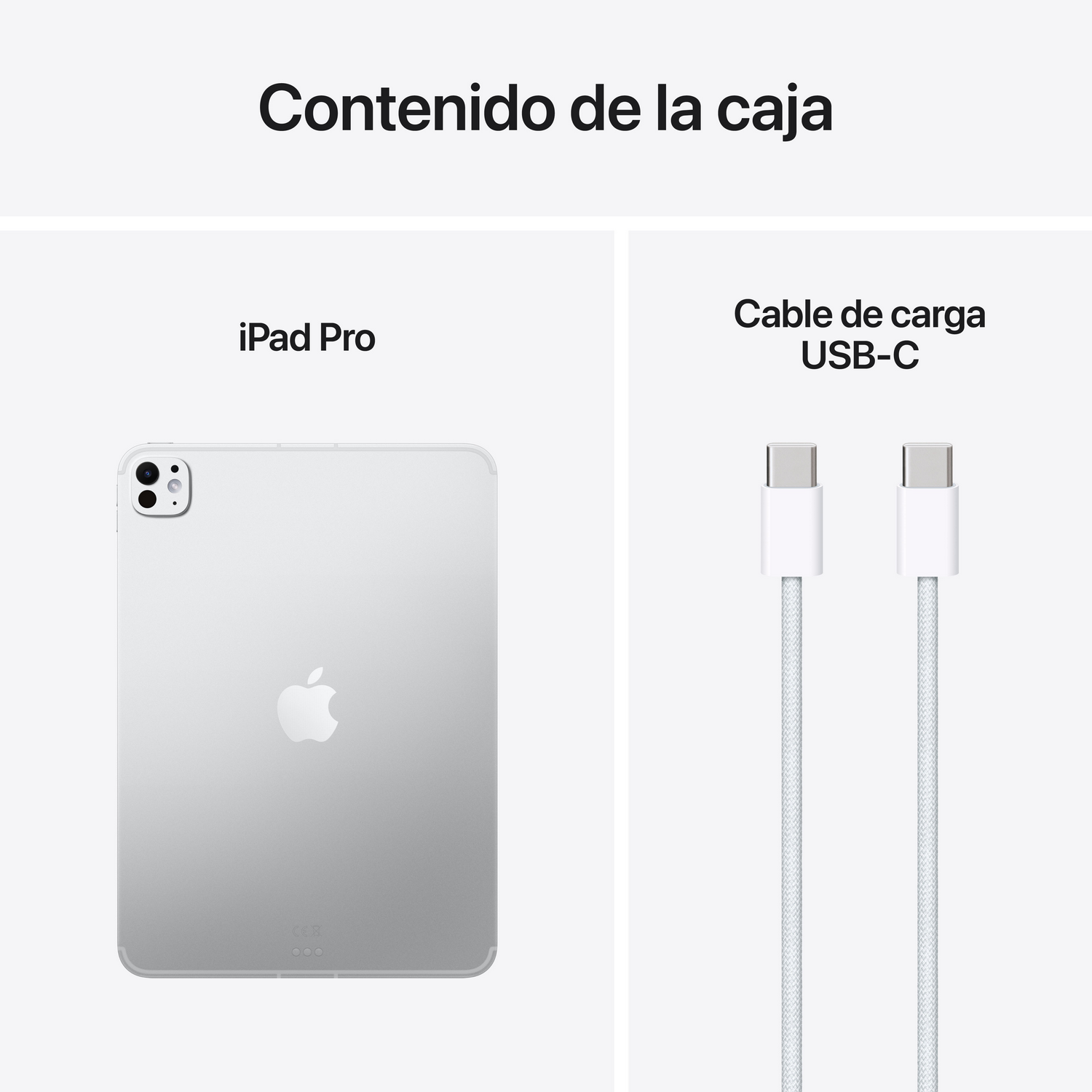 La imagen muestra un iPad Pro y un cable de carga USB-C. El iPad es plateado con el logotipo de Apple. El cable es blanco.