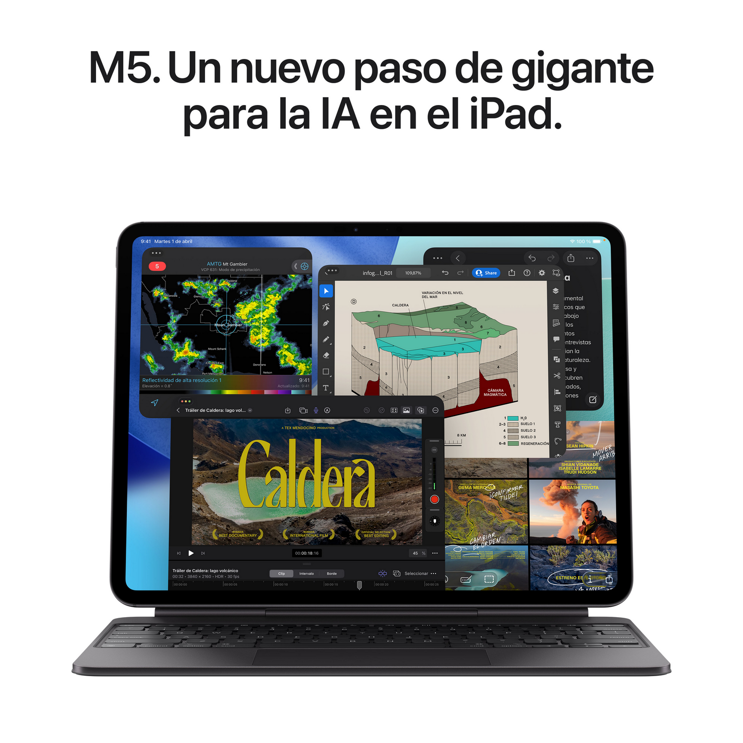 iPad en teclado mostrando radar meteorológico, tráiler documental y otras apps. Texto: 'M5. Un gran paso para la IA en el iPad'.