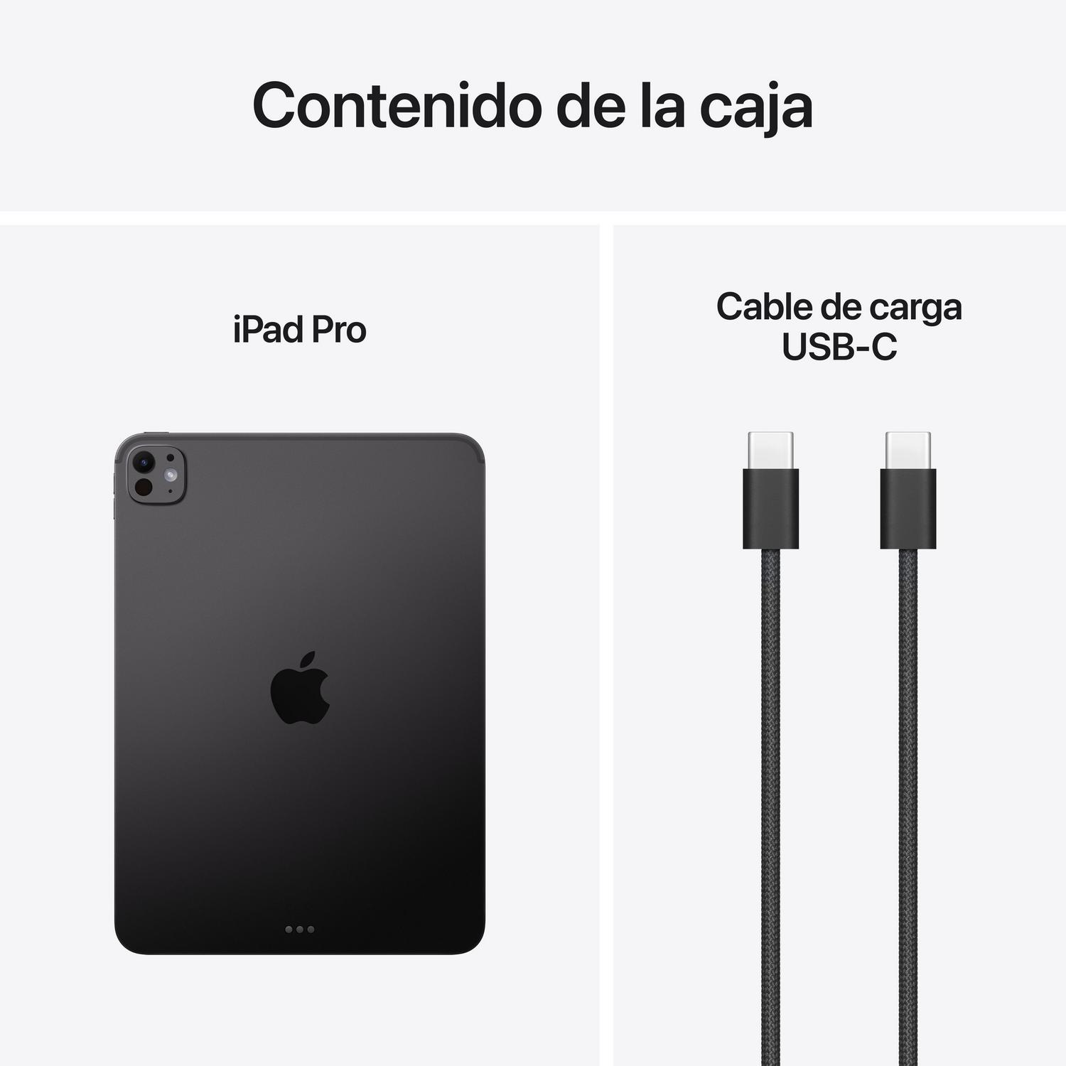 La imagen muestra un iPad Pro y un cable de carga USB-C. El iPad es negro, con el logotipo de Apple. El cable es negro y blanco.