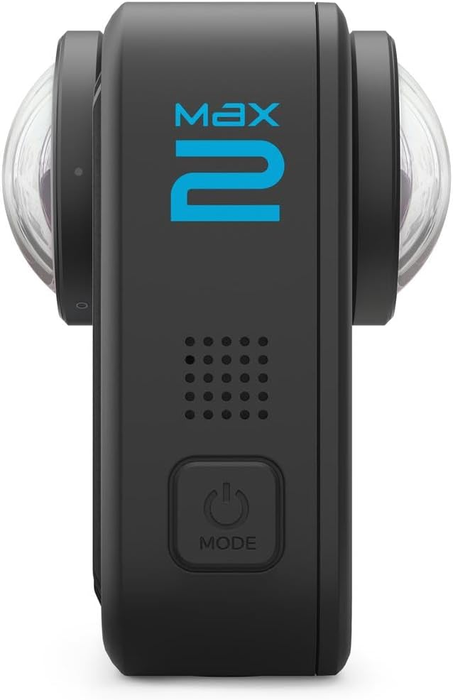 Cámara negra GoPro Max 2 con logotipo azul 'Max 2'. Tiene dos lentes y un botón 'Mode'.