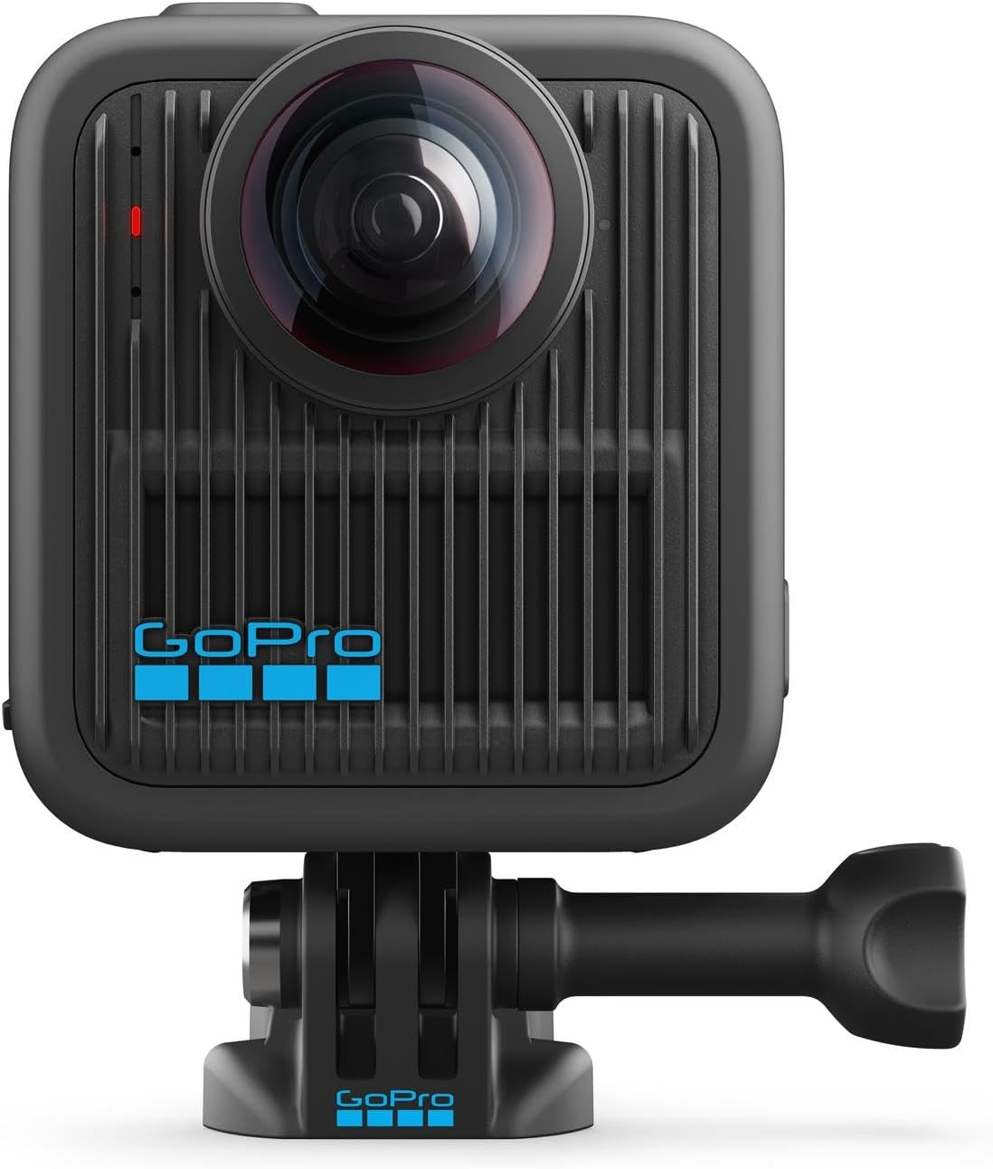 Cámara GoPro negra con una lente grande. Tiene un logo azul de GoPro y está montada en un mango negro.