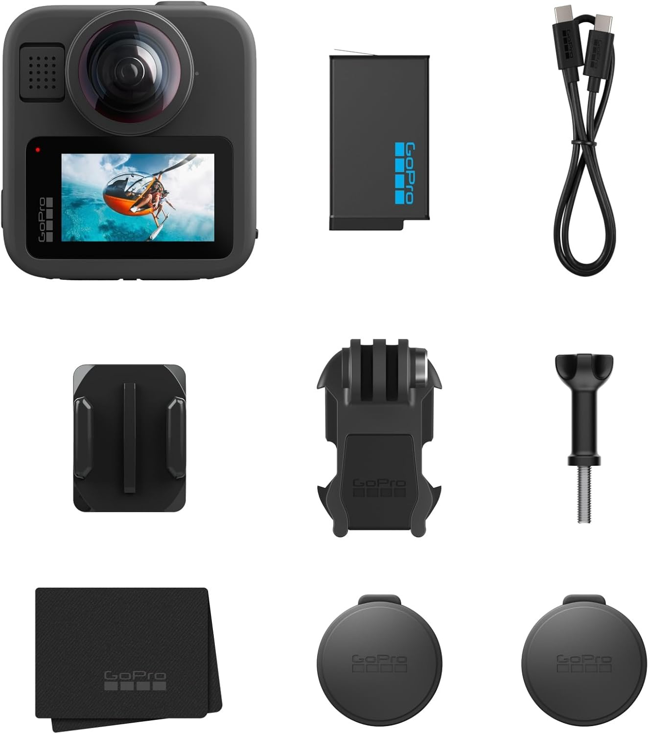 Cámara GoPro con accesorios: batería, cable, monturas, cubiertas y paño de limpieza. Todos los elementos son negros.